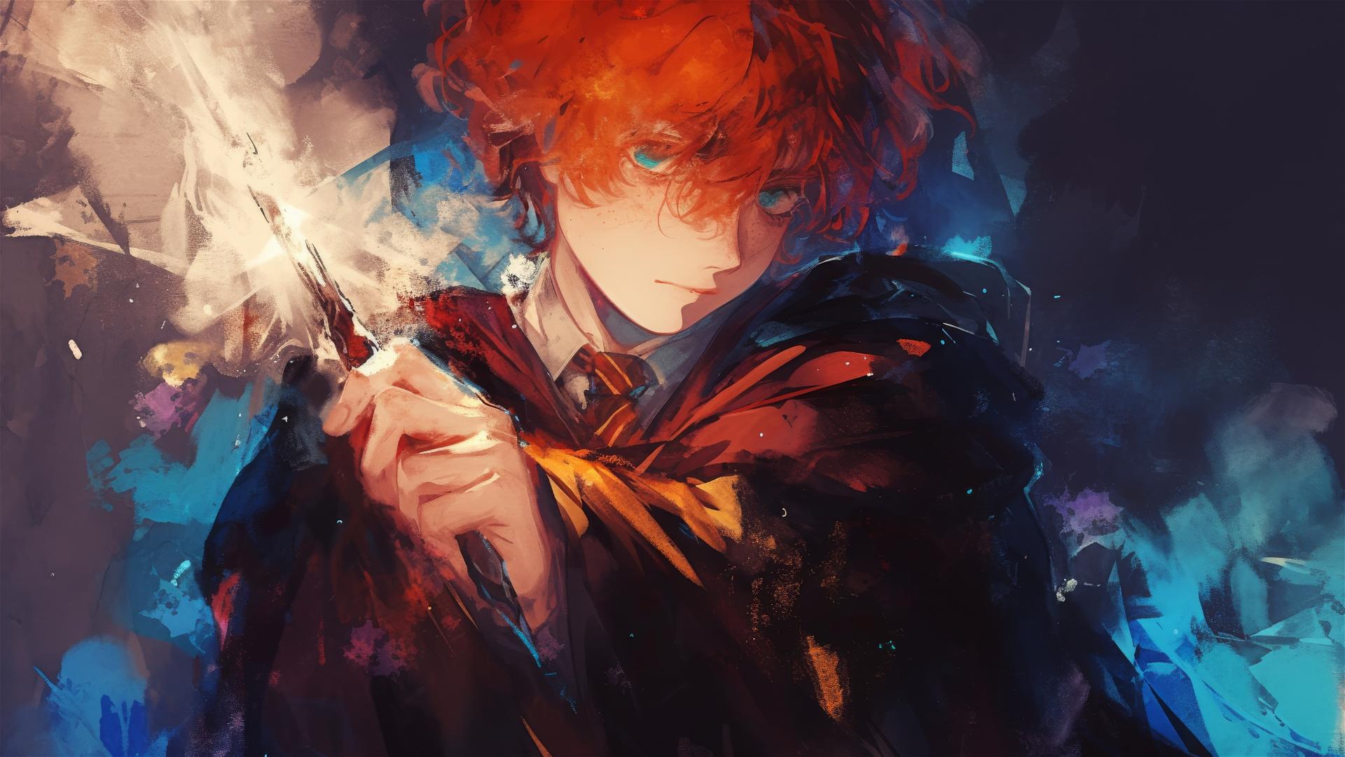 Artistic drawing of Ron Weasley with spotlight effect on dark background