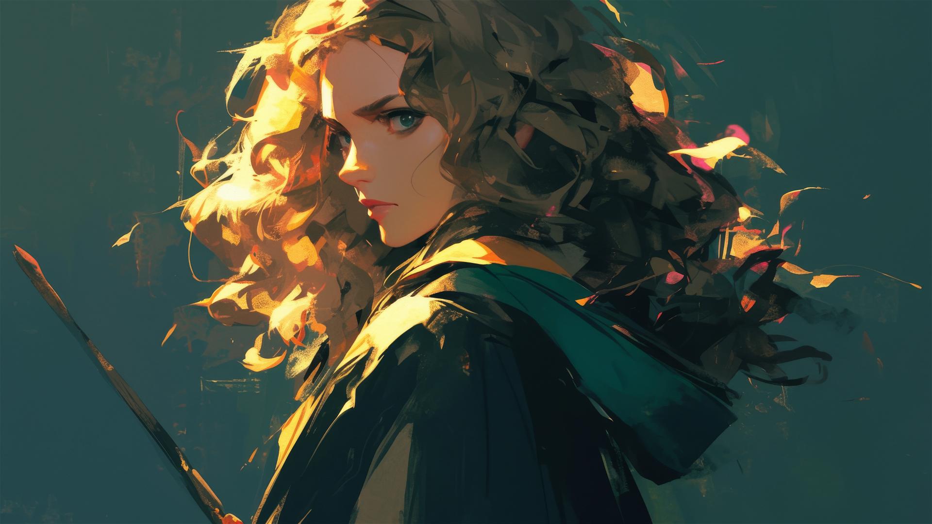 Artistic portrayal of Hermione Granger with dark background and spotlight effect