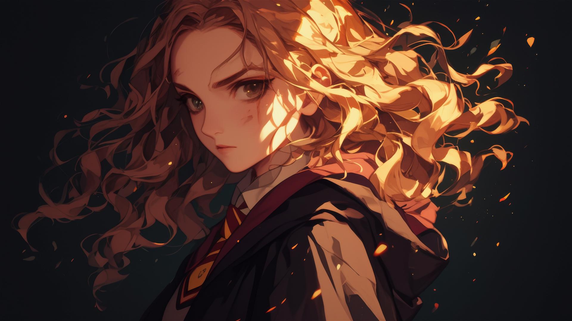 Hermione Granger in spotlight on dark background, artistic Hermione Granger illustration