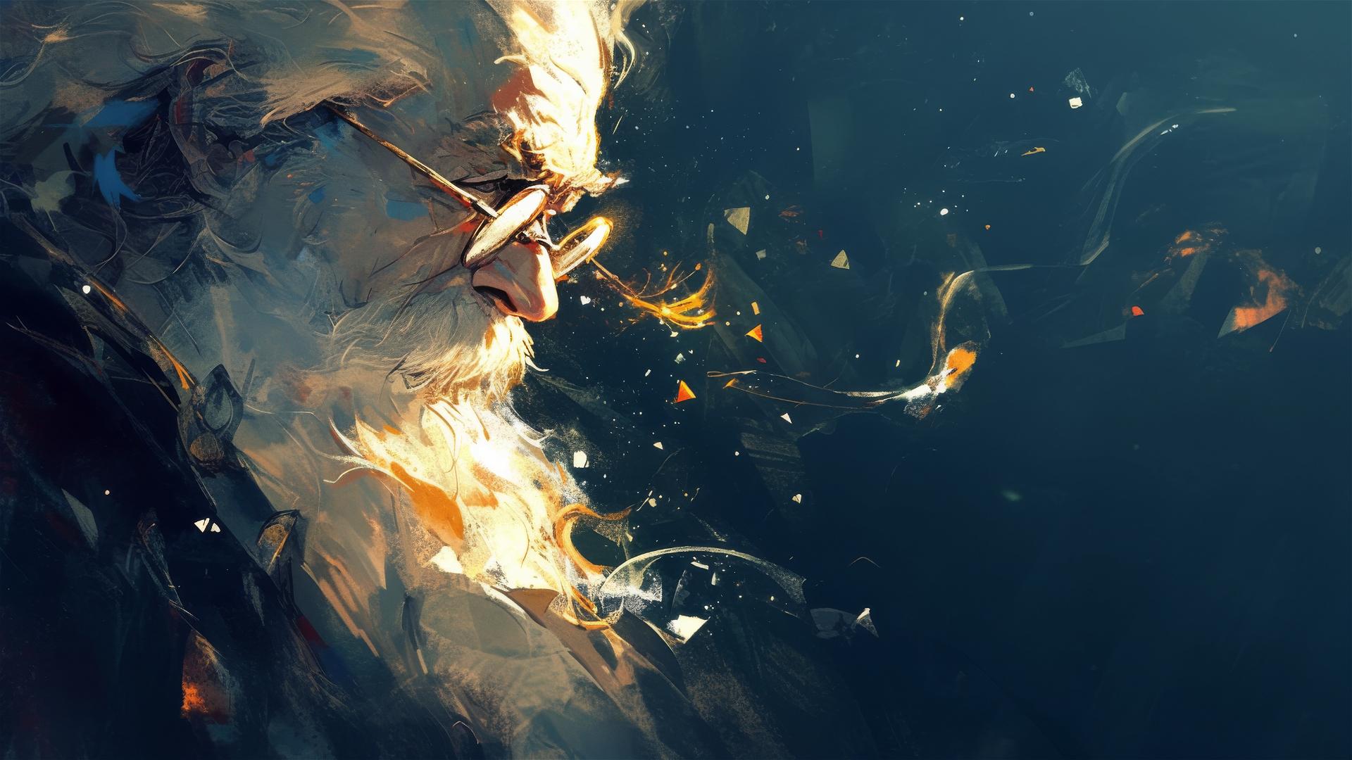 Art illustration of Professor Dumbledore on dark background with spotlight