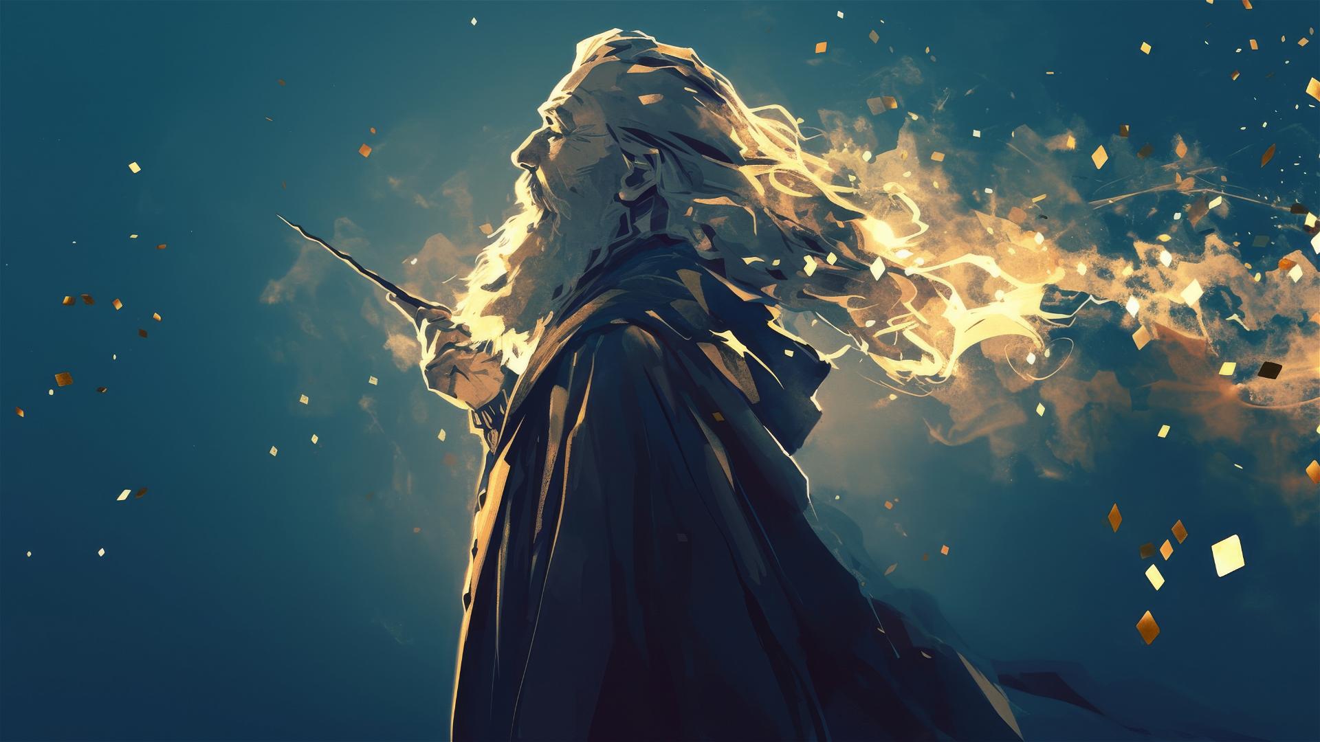 Albus Dumbledore illustration with spotlight on dark background