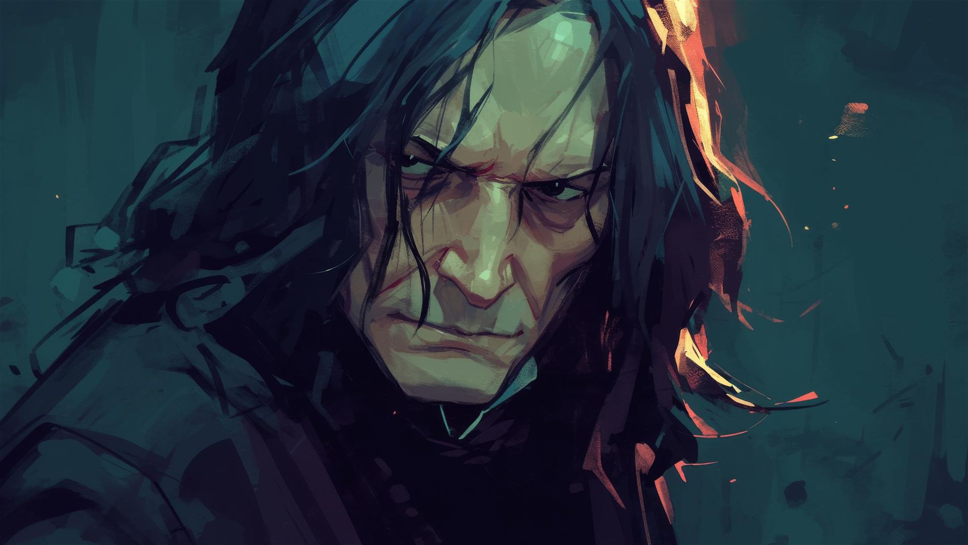 Illustration of Professor Snape from Harry Potter with a spotlight on a dark background