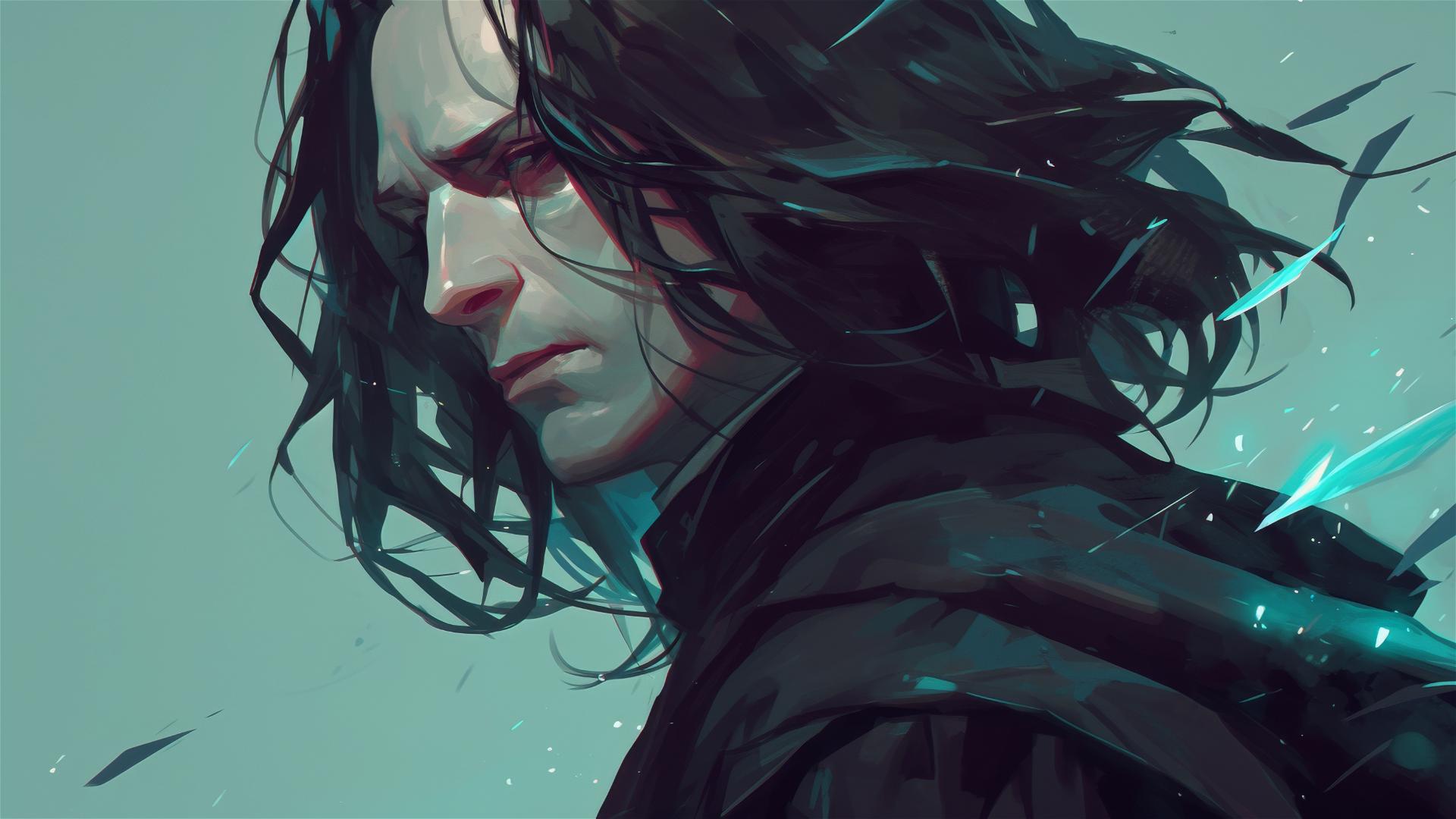 Artistic drawing of Severus Snape with spotlight effect on dark background