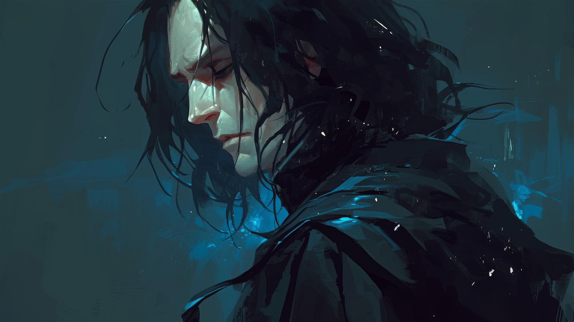 Professor Snape from Harry Potter, spotlight on dark background