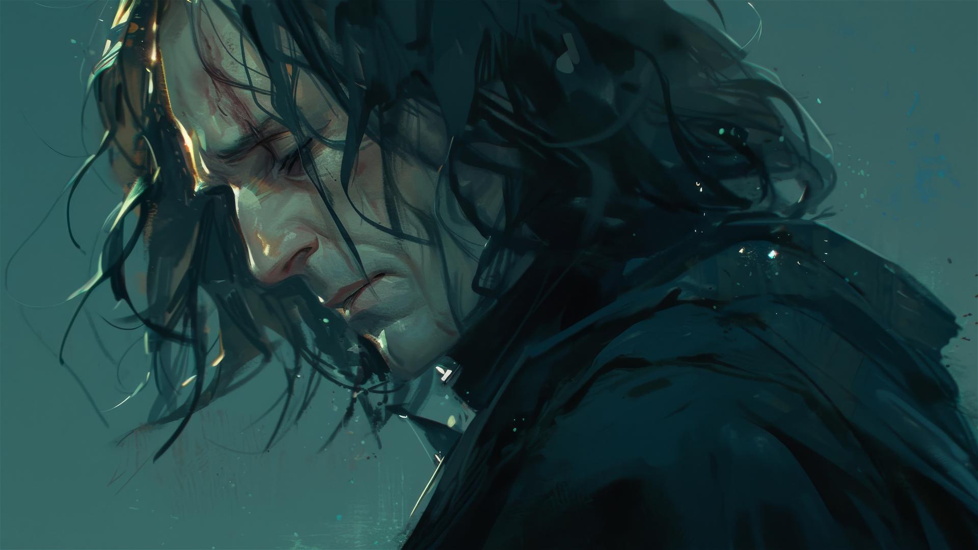 Illustration of Severus Snape with dark background and spotlight effect
