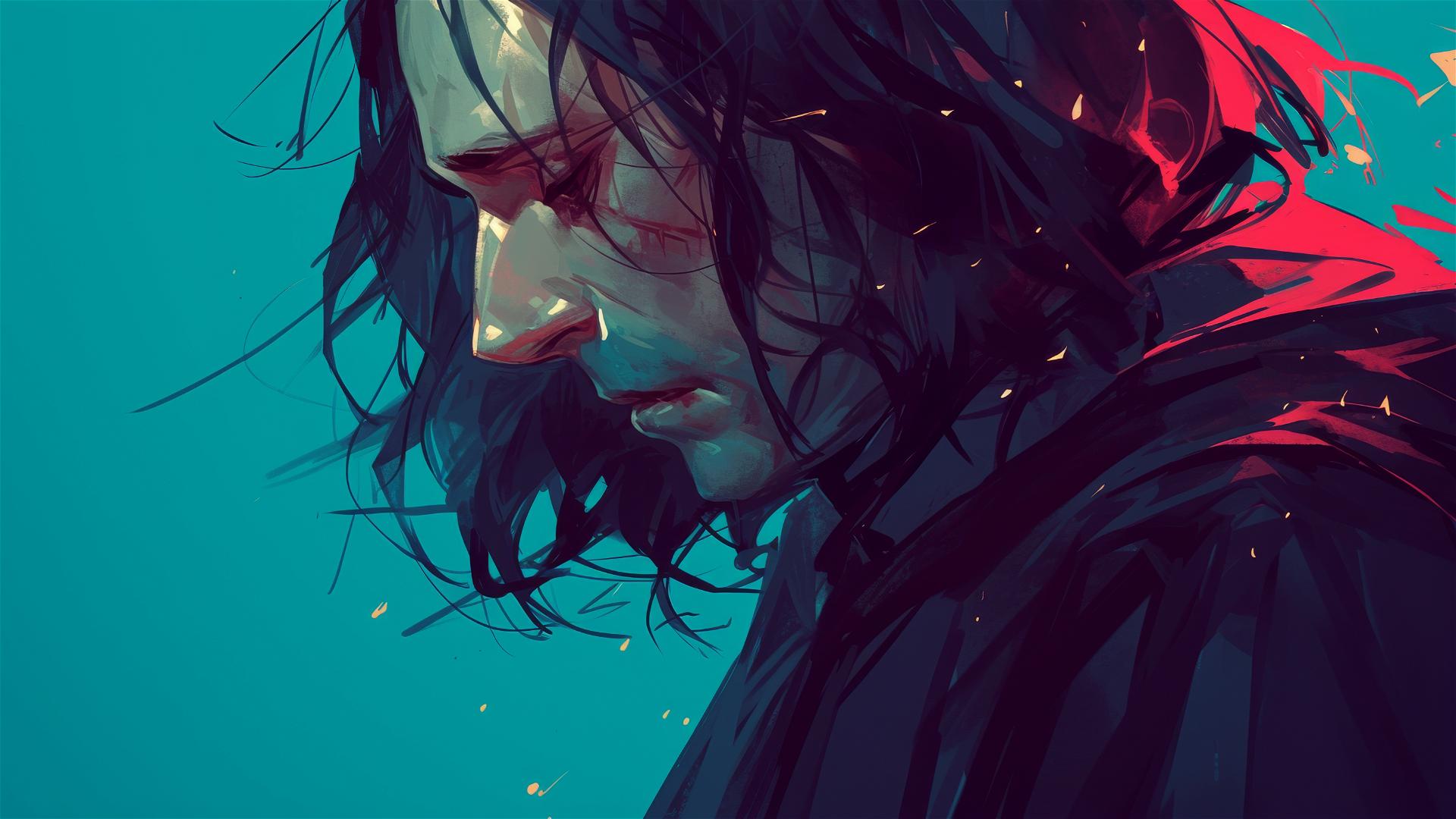 Illustration of Snape against dark backdrop with spotlight.