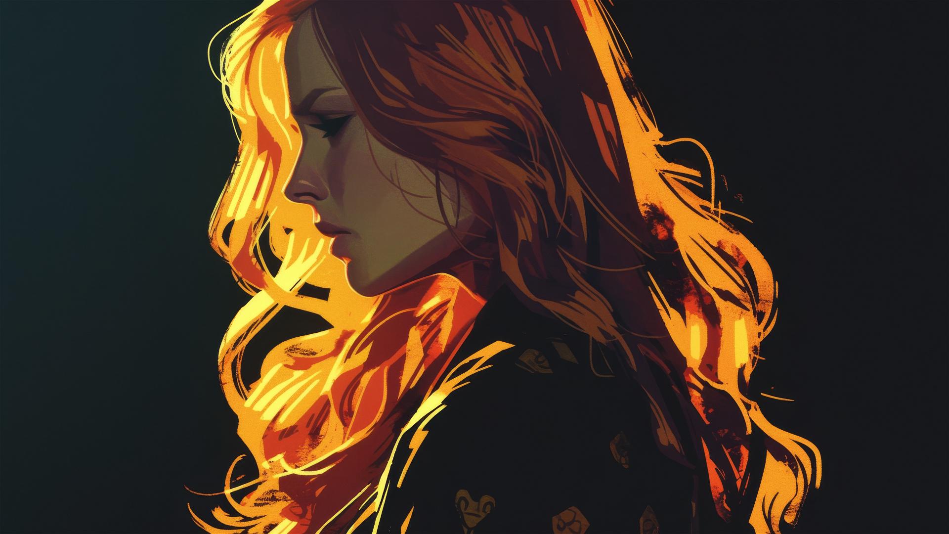Artistic illustration of Ginny Weasley with a dark background and spotlight effect