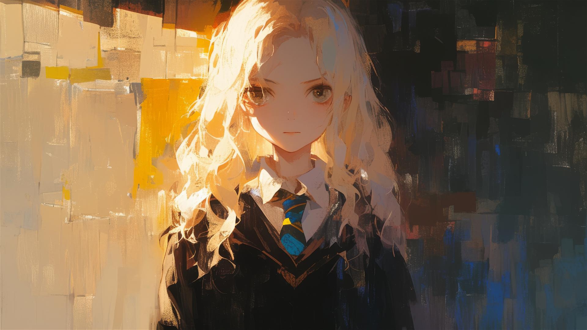 Artistic illustration of Luna Lovegood from Harry Potter on dark background with spotlight effect