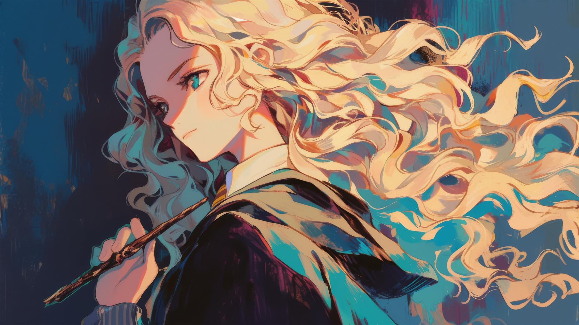 Luna Lovegood illustration with a dark background and spotlight effect