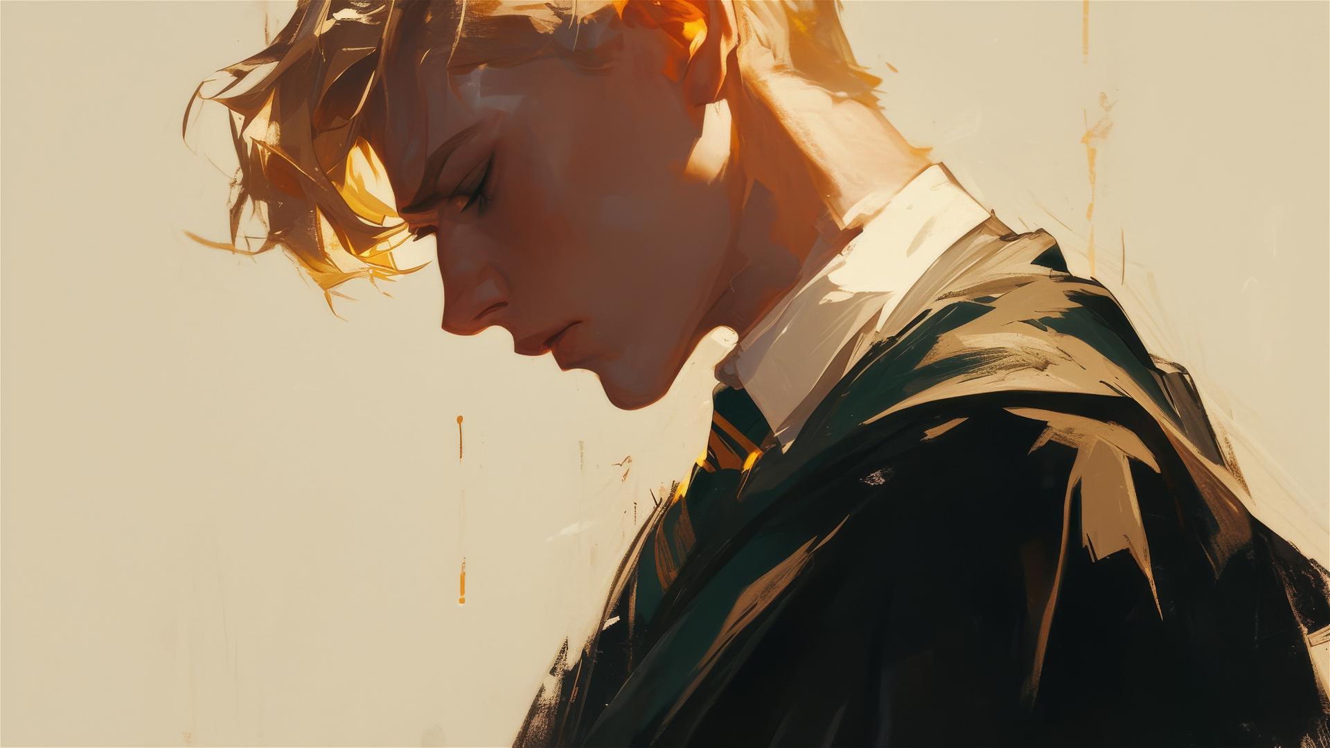 Draco Malfoy artistic illustration with golden hair on dark background