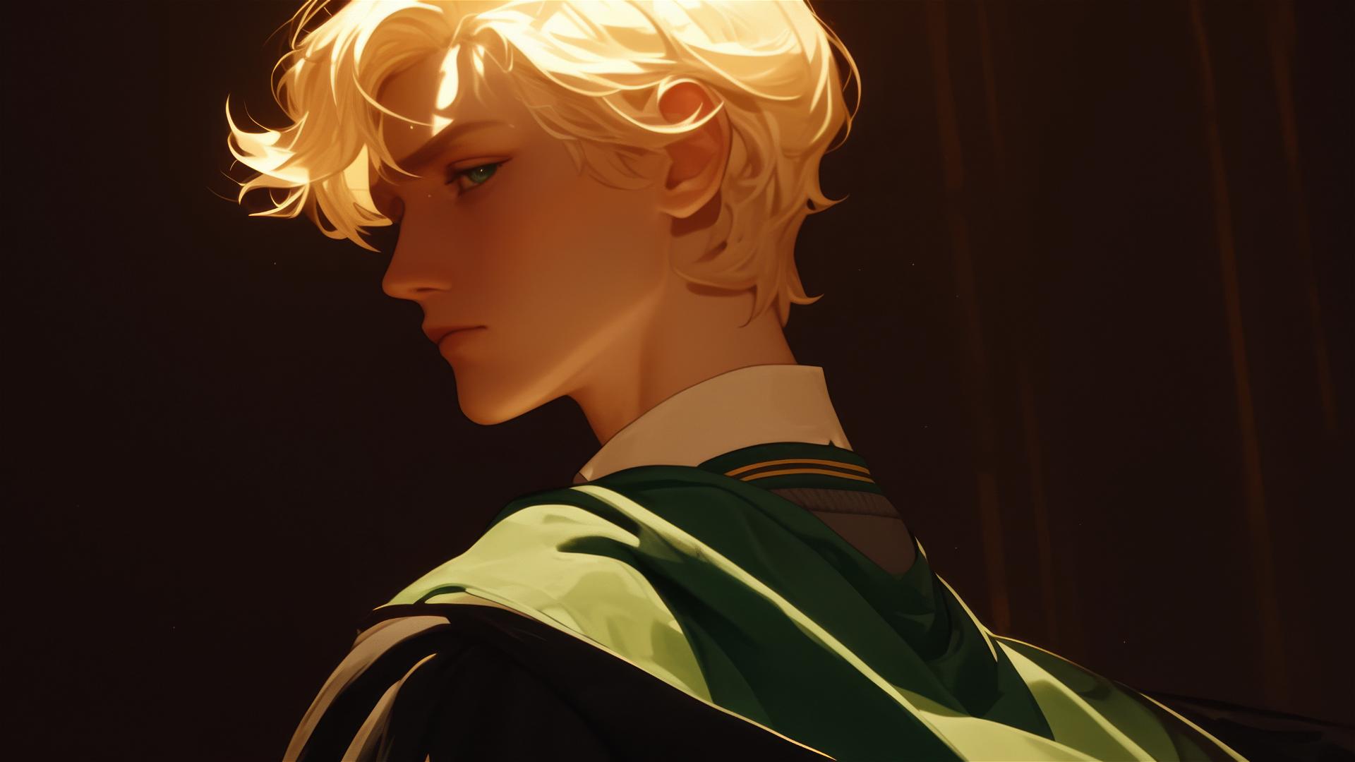 Draco Malfoy artwork with dark background and spotlight effect