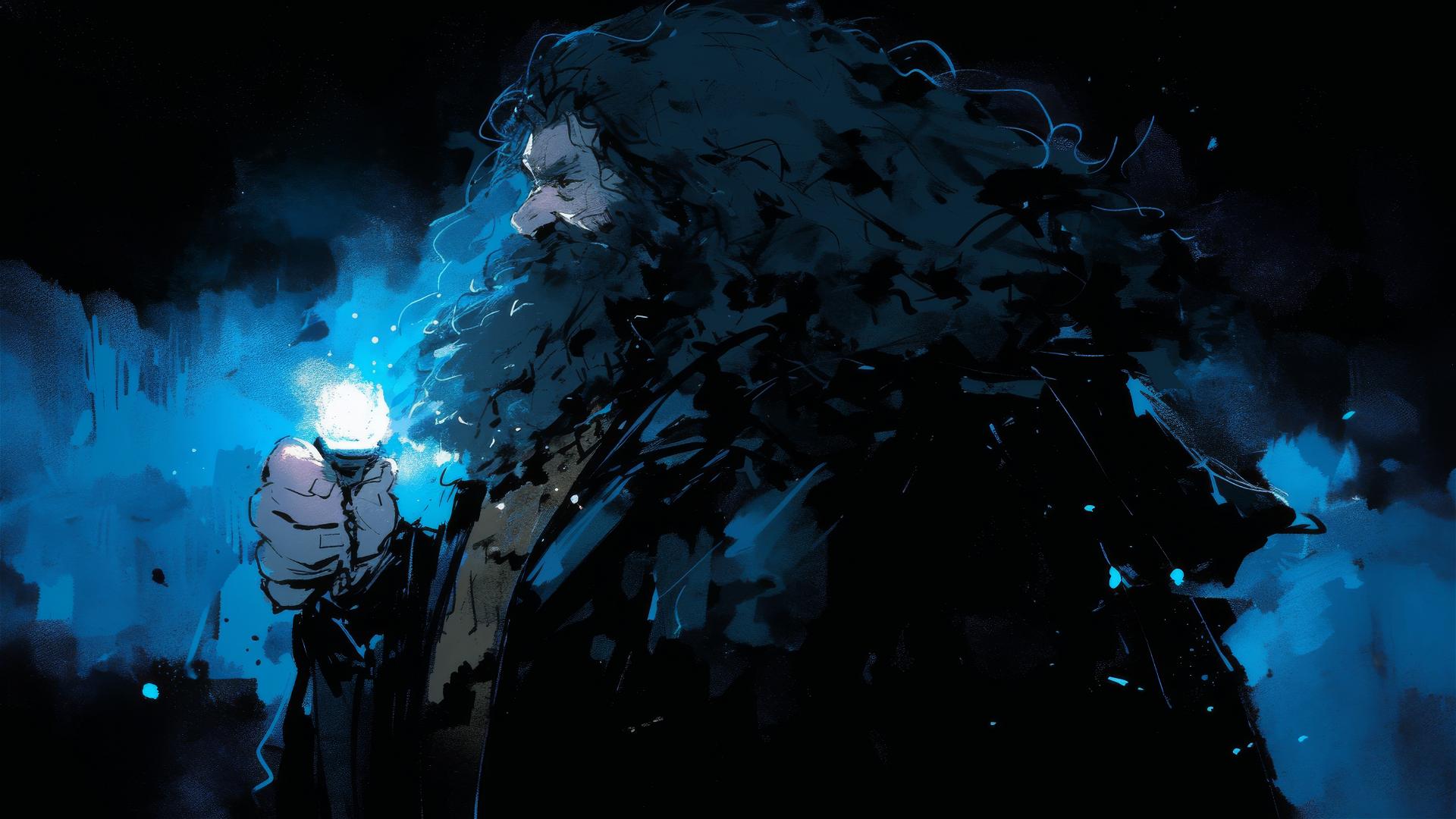 Isolated drawing of Hagrid from Harry Potter with a spotlight effect on a dark background