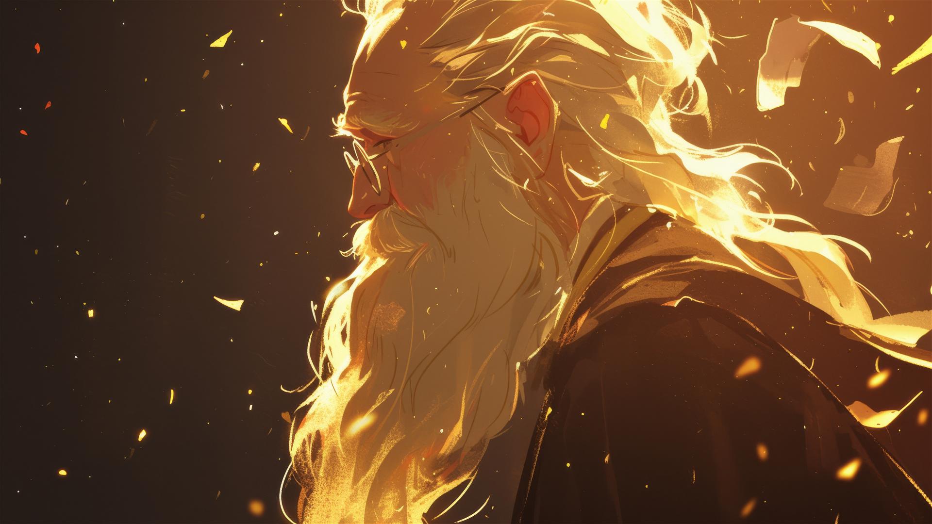 Artistic illustration of Dumbledore with dark background and warm spotlight