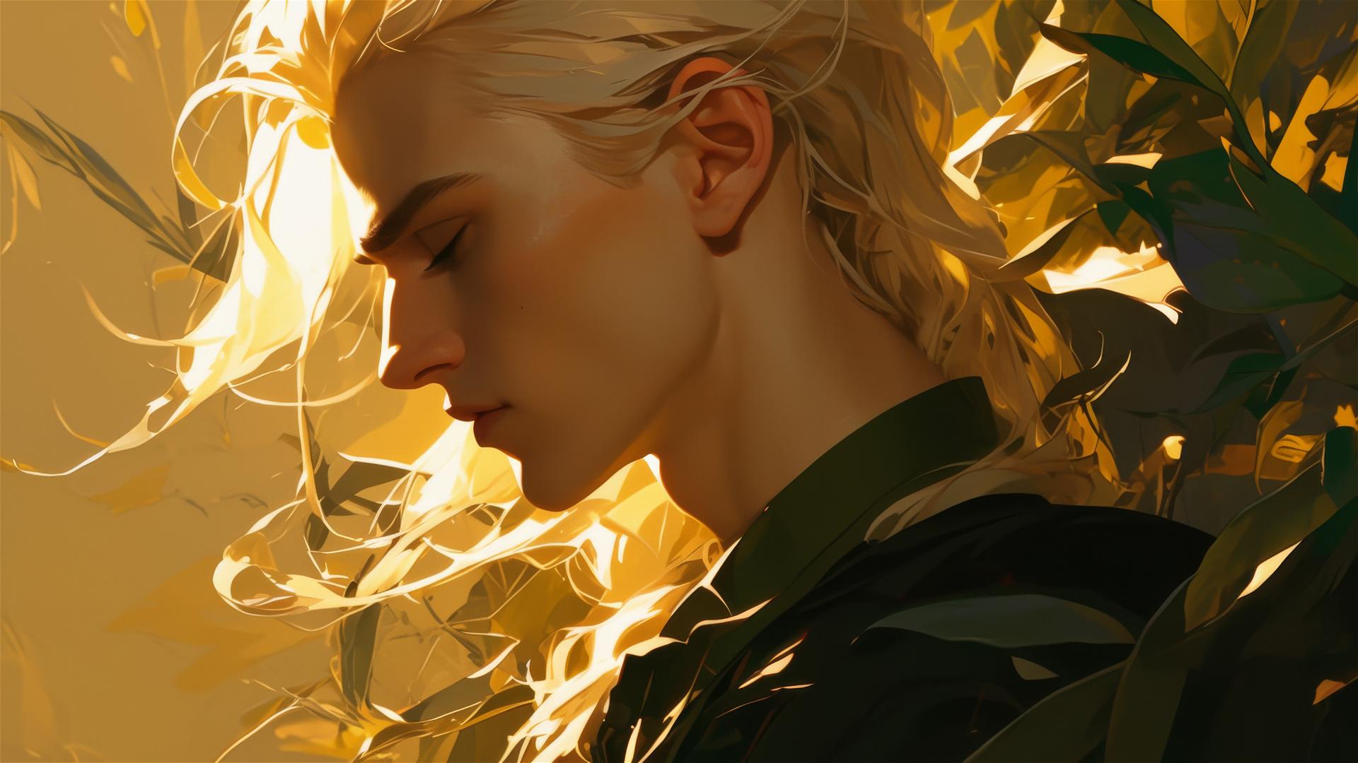 Draco Malfoy illustration on dark background with spotlight and warm scene.