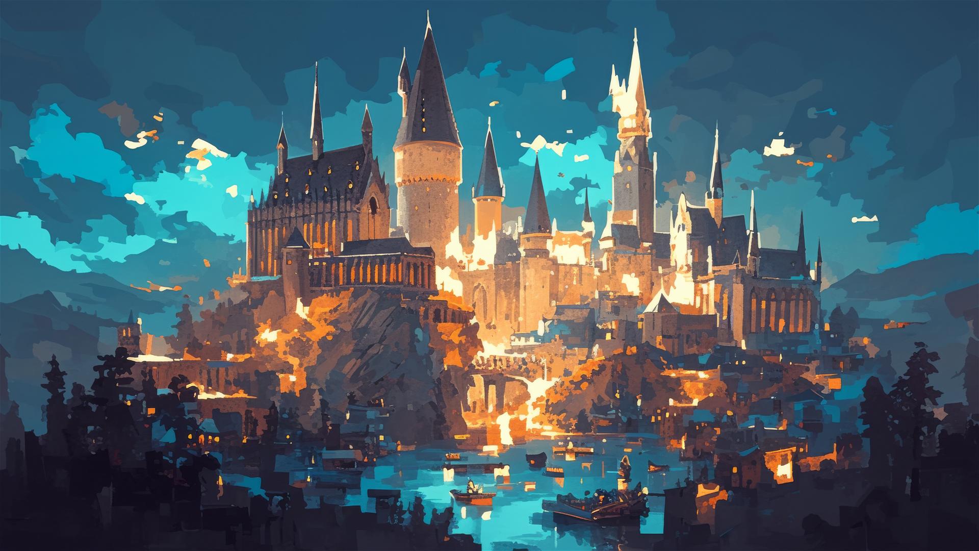 Hogwarts School drawing on dark background with spotlight effect