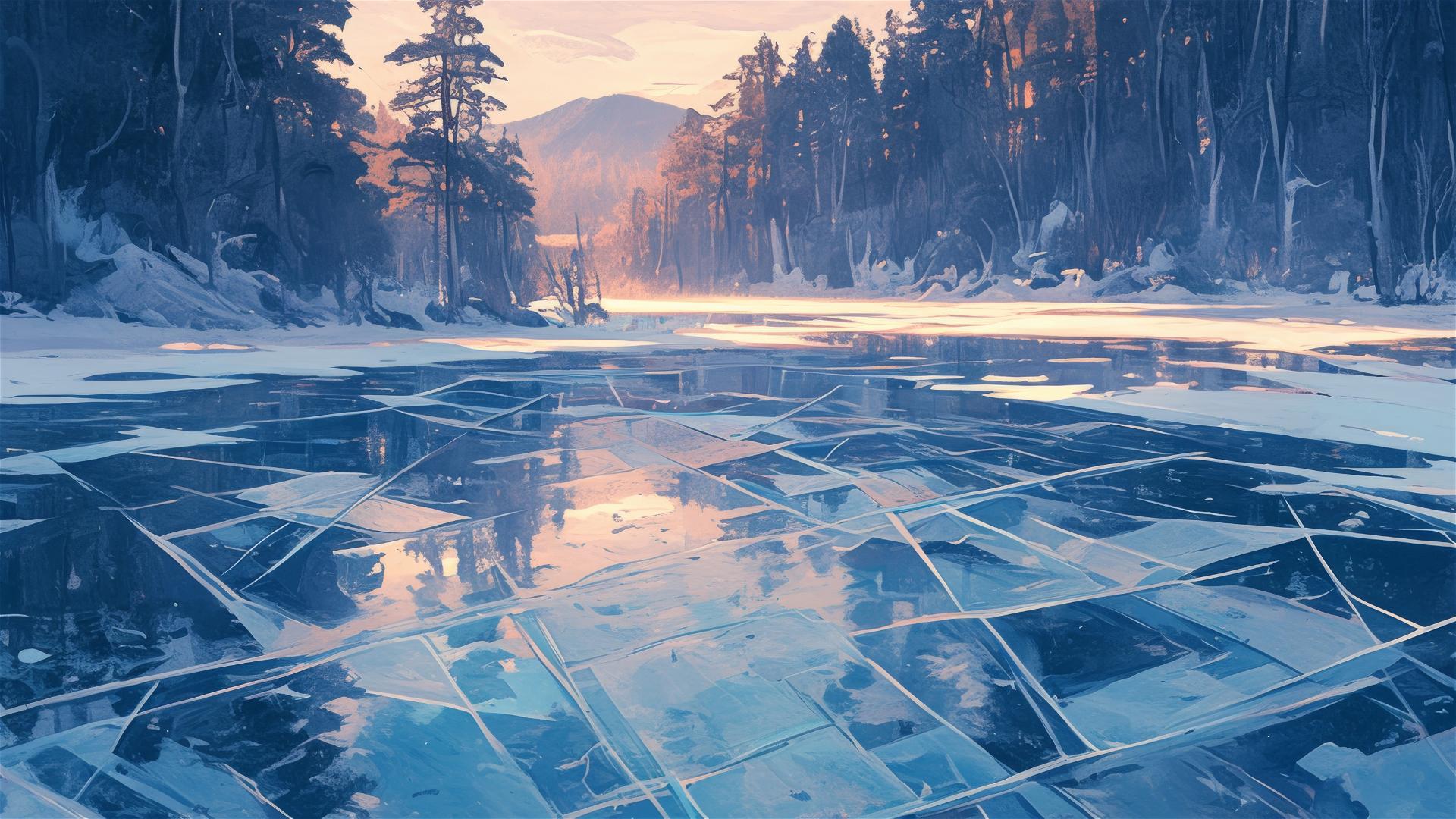 Intricate ice patterns on a frozen lake with snow-dusted pines