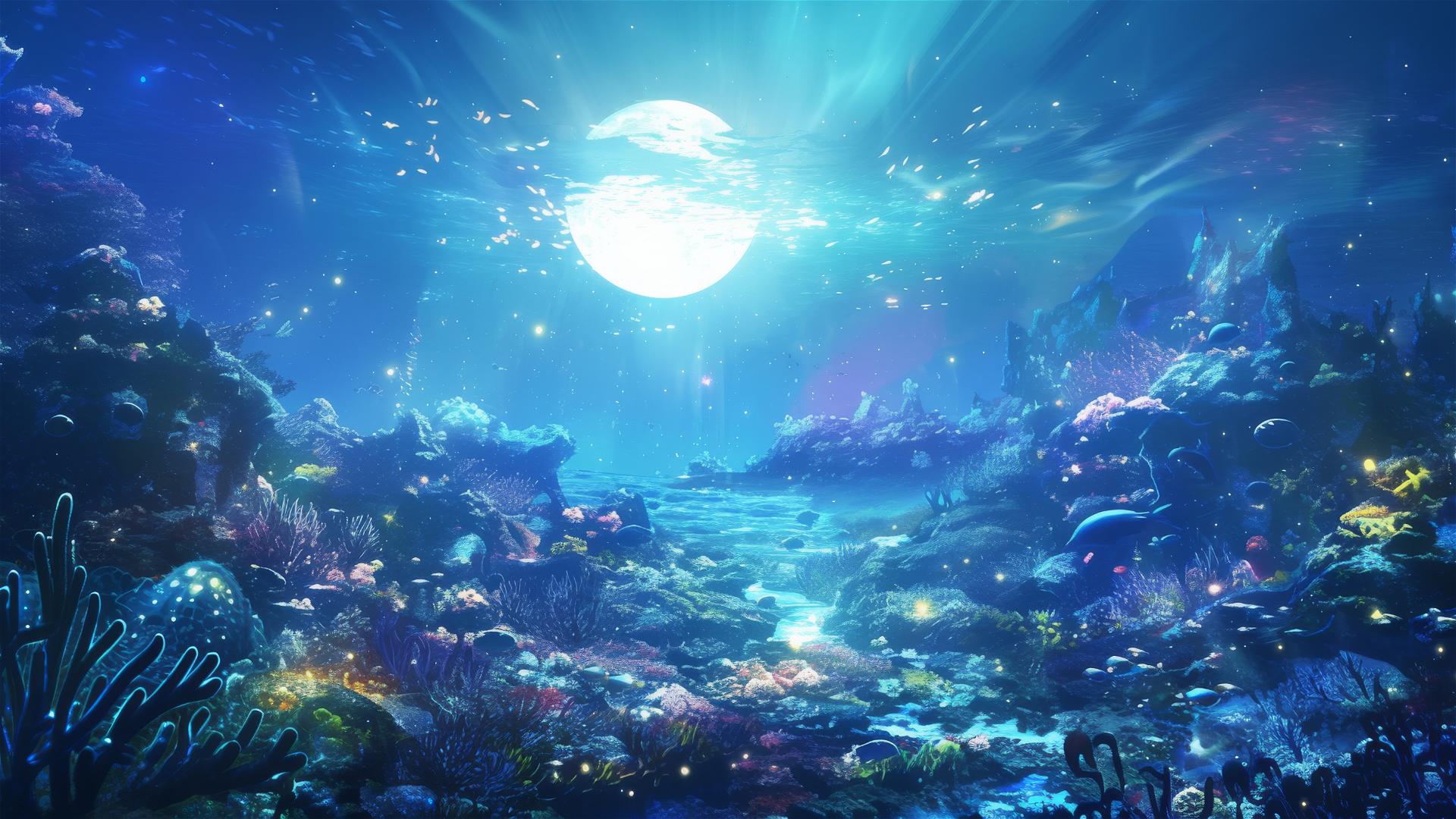 Moonlit coral reef and marine life underwater with light rays