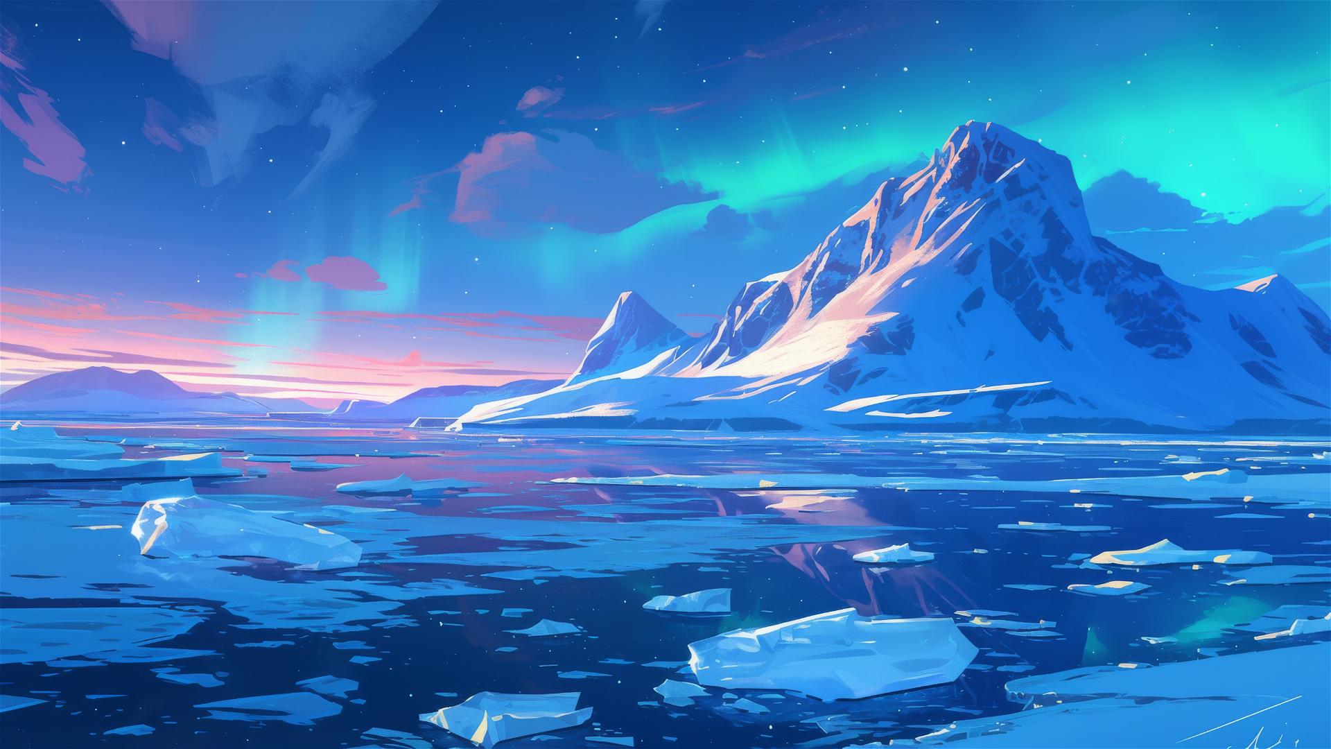 Northern Lights over icebergs and frozen tundra at night