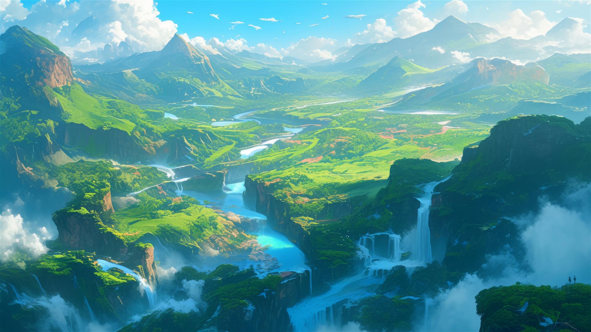 Aerial view of valley with mist, greenery, and a reflective river