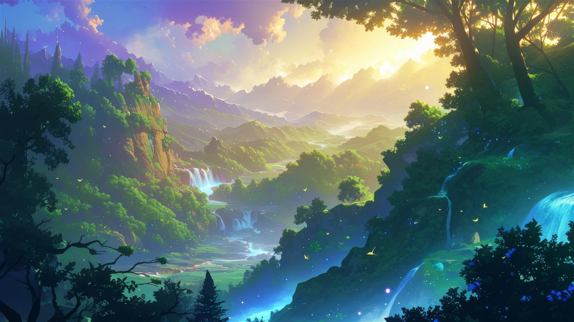 Secluded valley with whispering trees and glowing leaves under twilight
