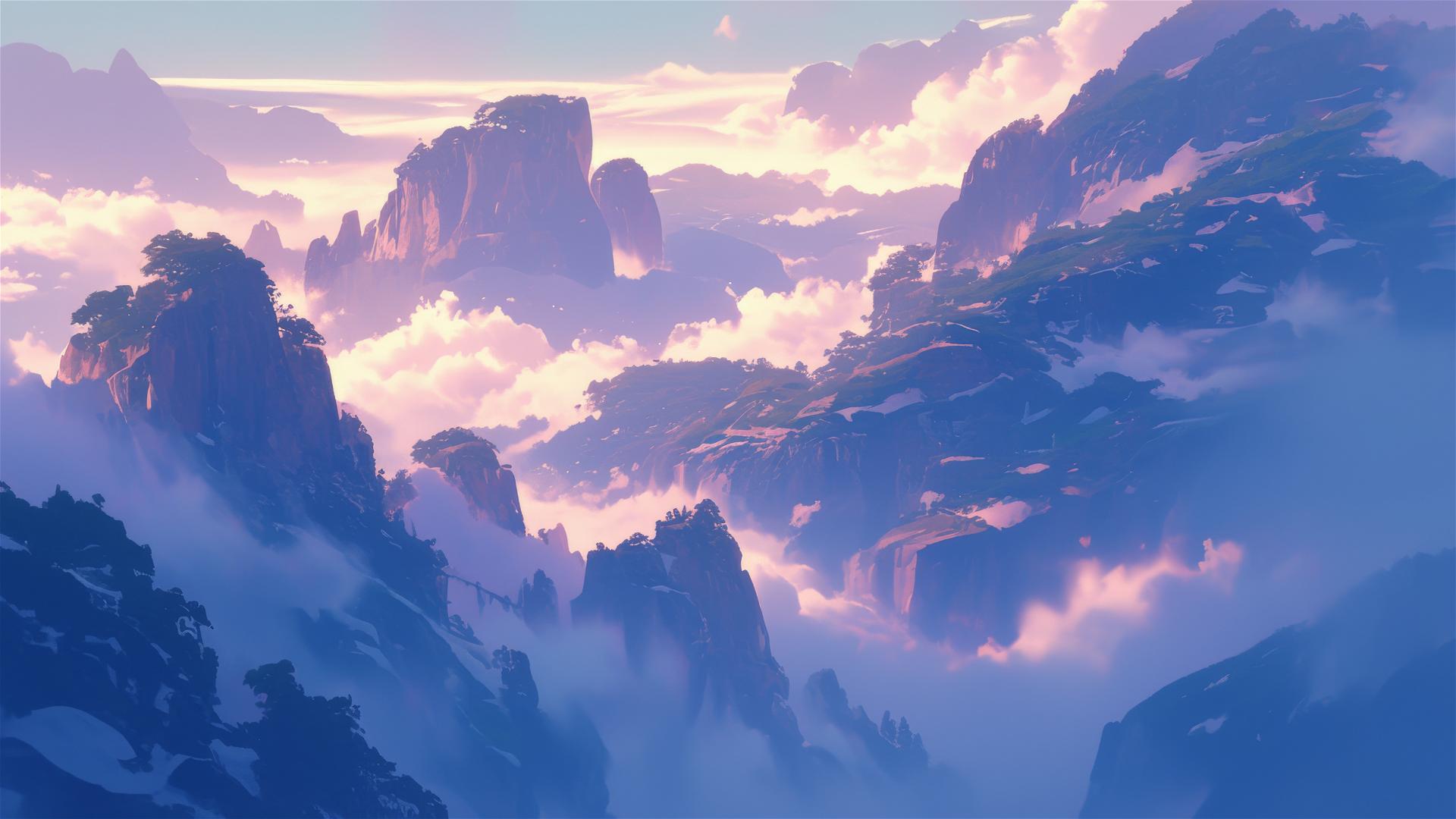 Opalescent fog over mountain pass with morning light creating a hue canvas