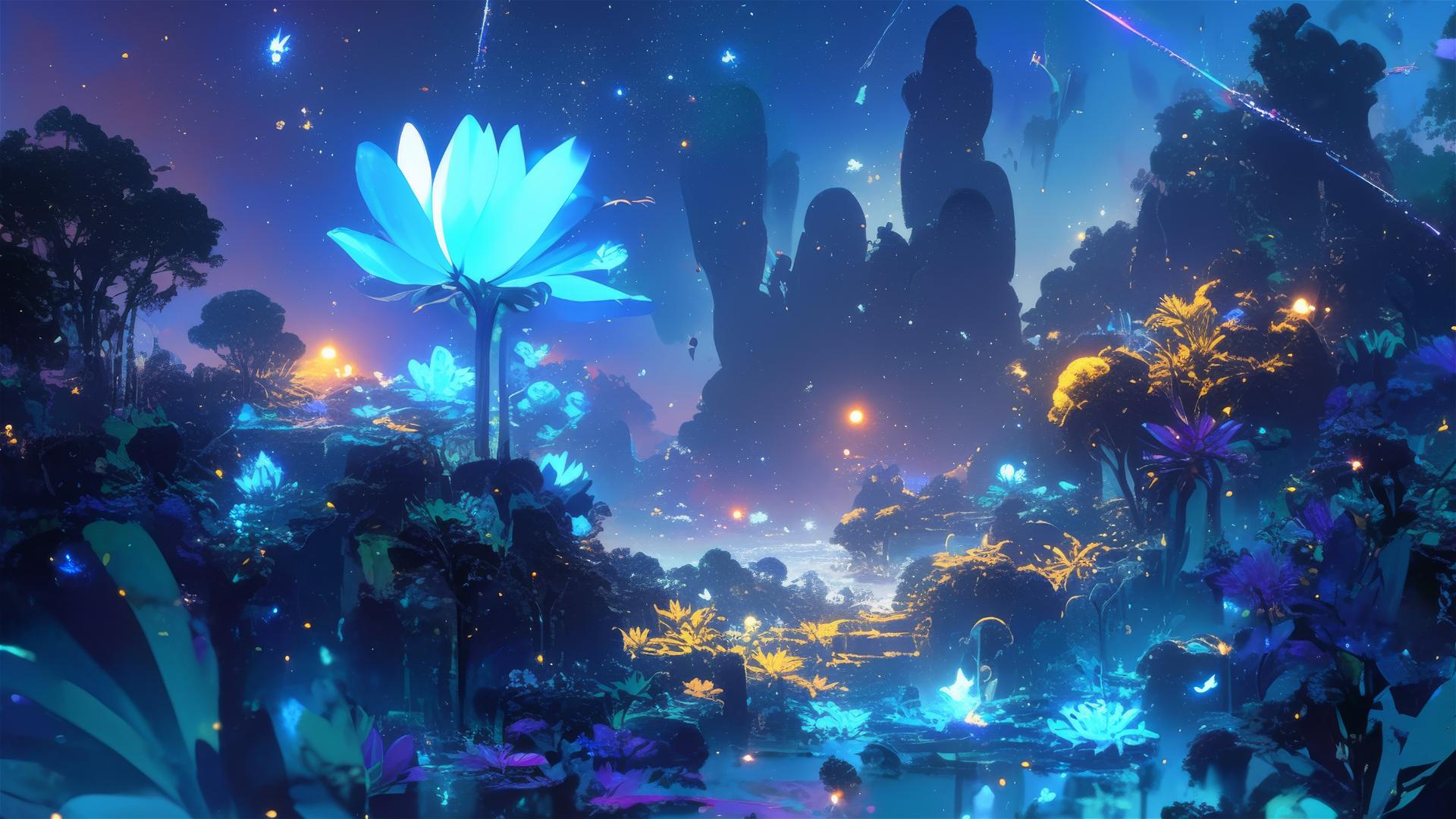 Comet garden with glowing plants and nightly blooms