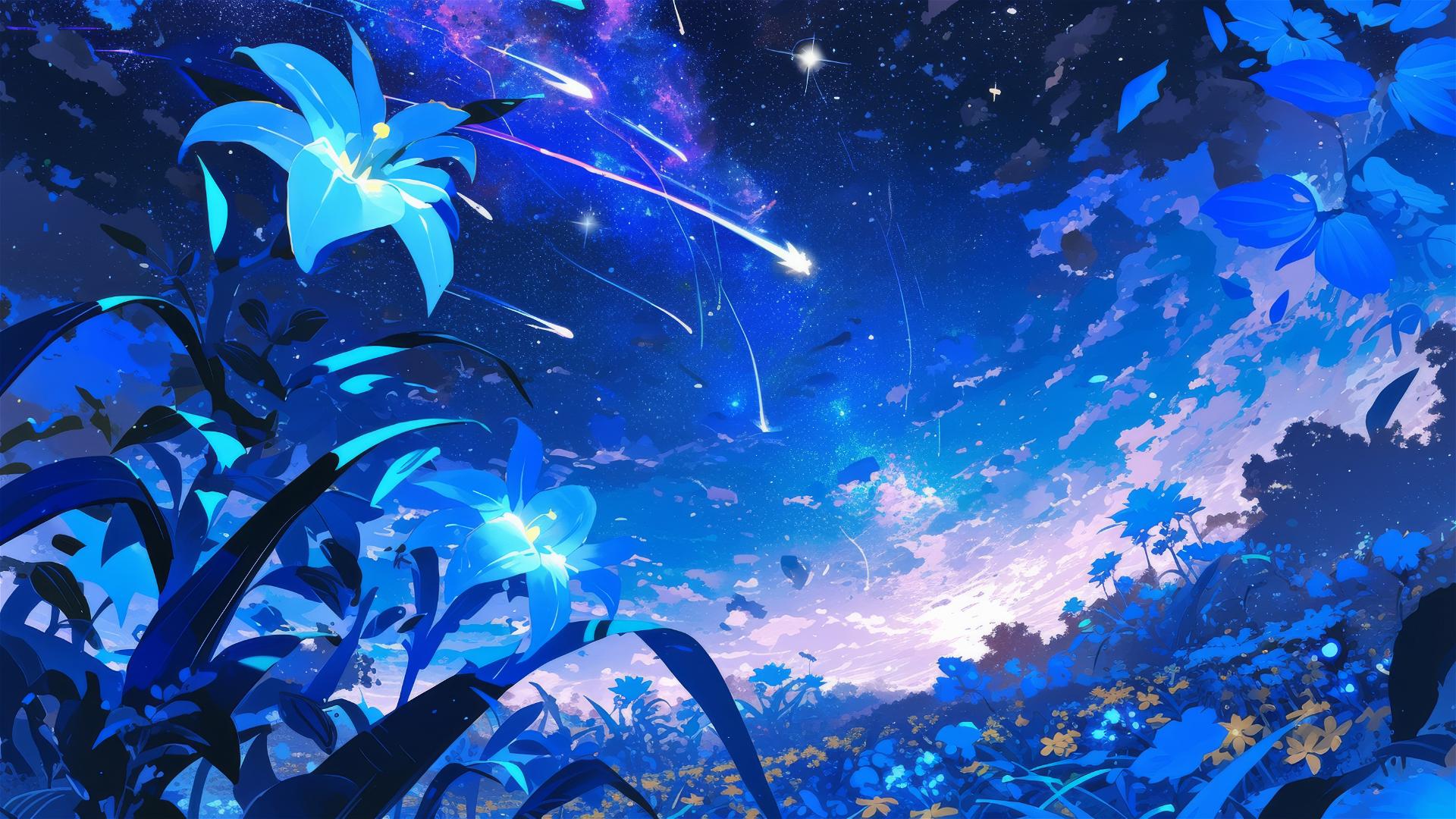 Celestial comet garden with glowing flora and nightly blooms