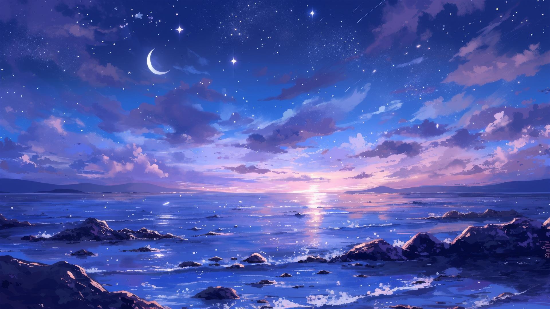 Twilight bay with bioluminescent plankton under crescent moon