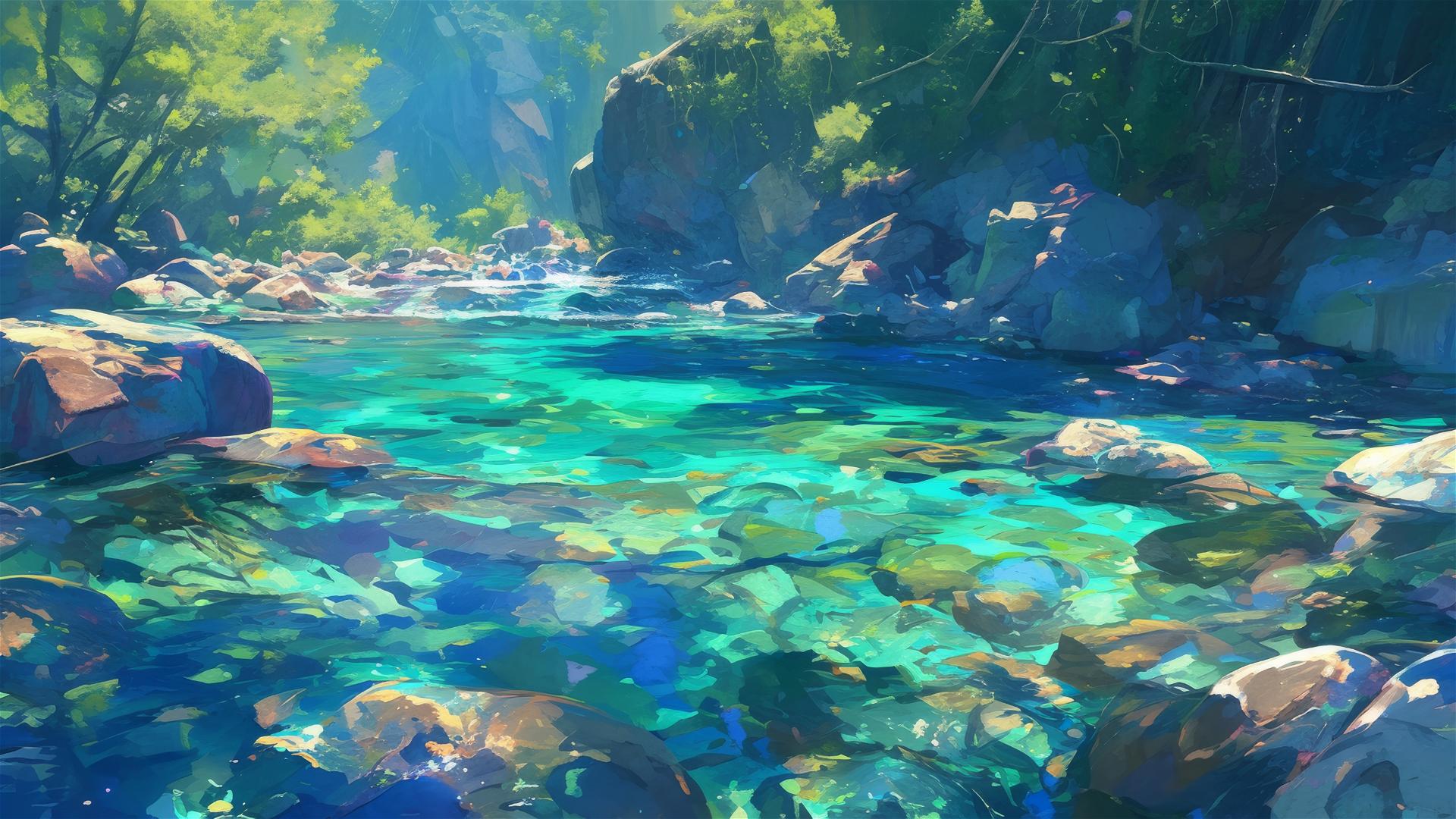 Crystalline riverbed with shimmering, transparent water over minerals
