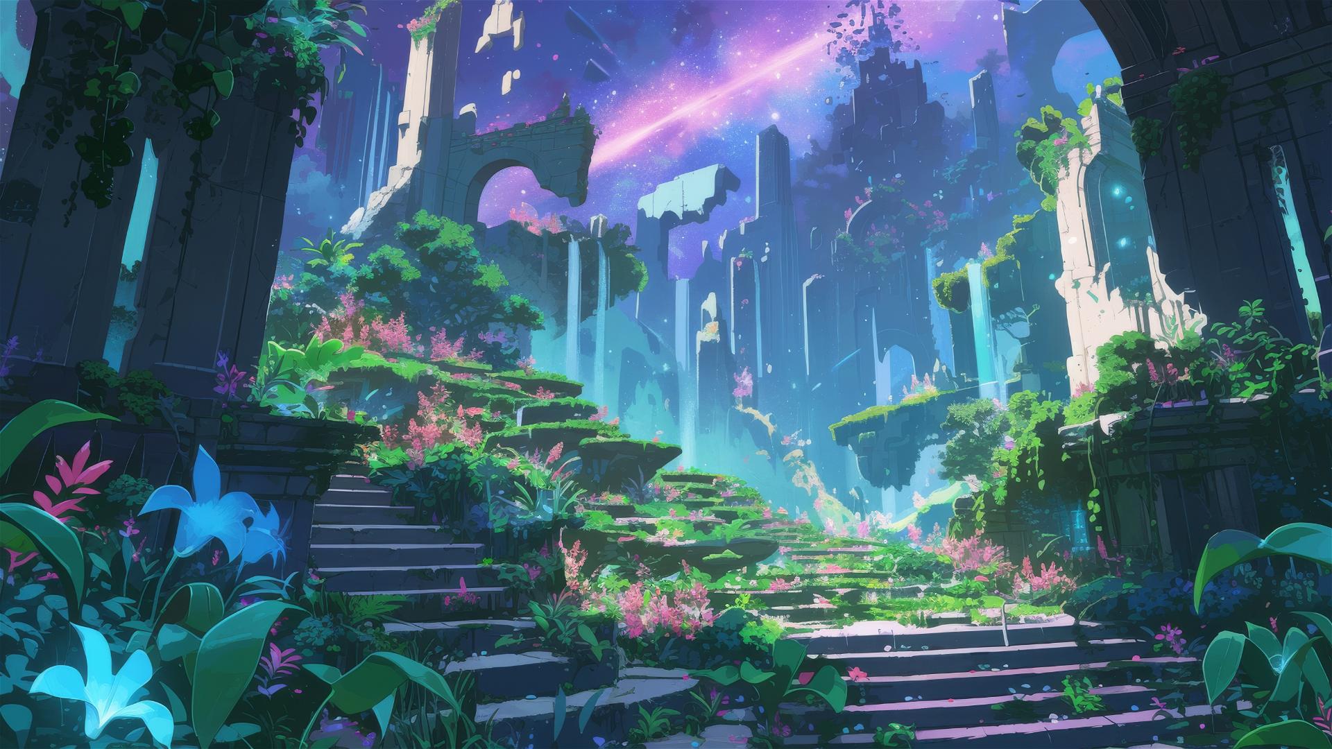Celestial comet garden with radiant blooms mimicking comets