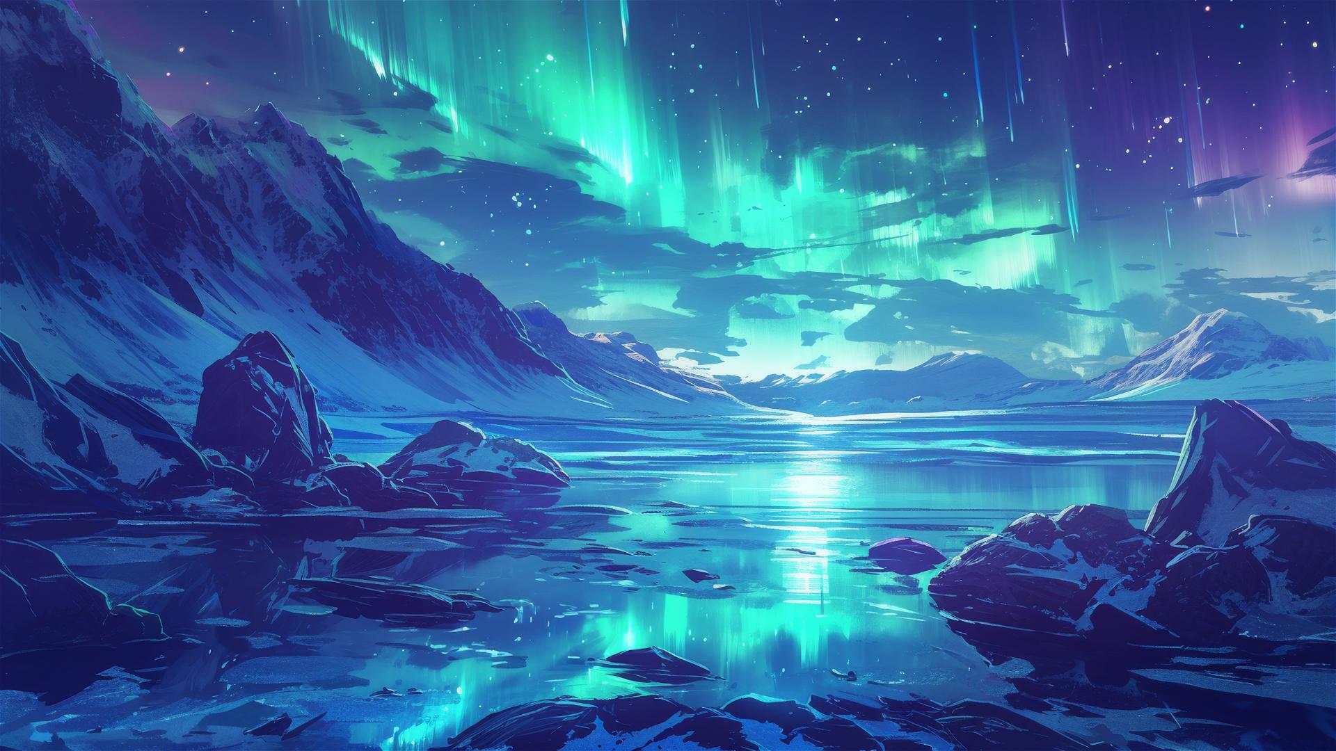 Auroral waterfall reflecting Northern Lights