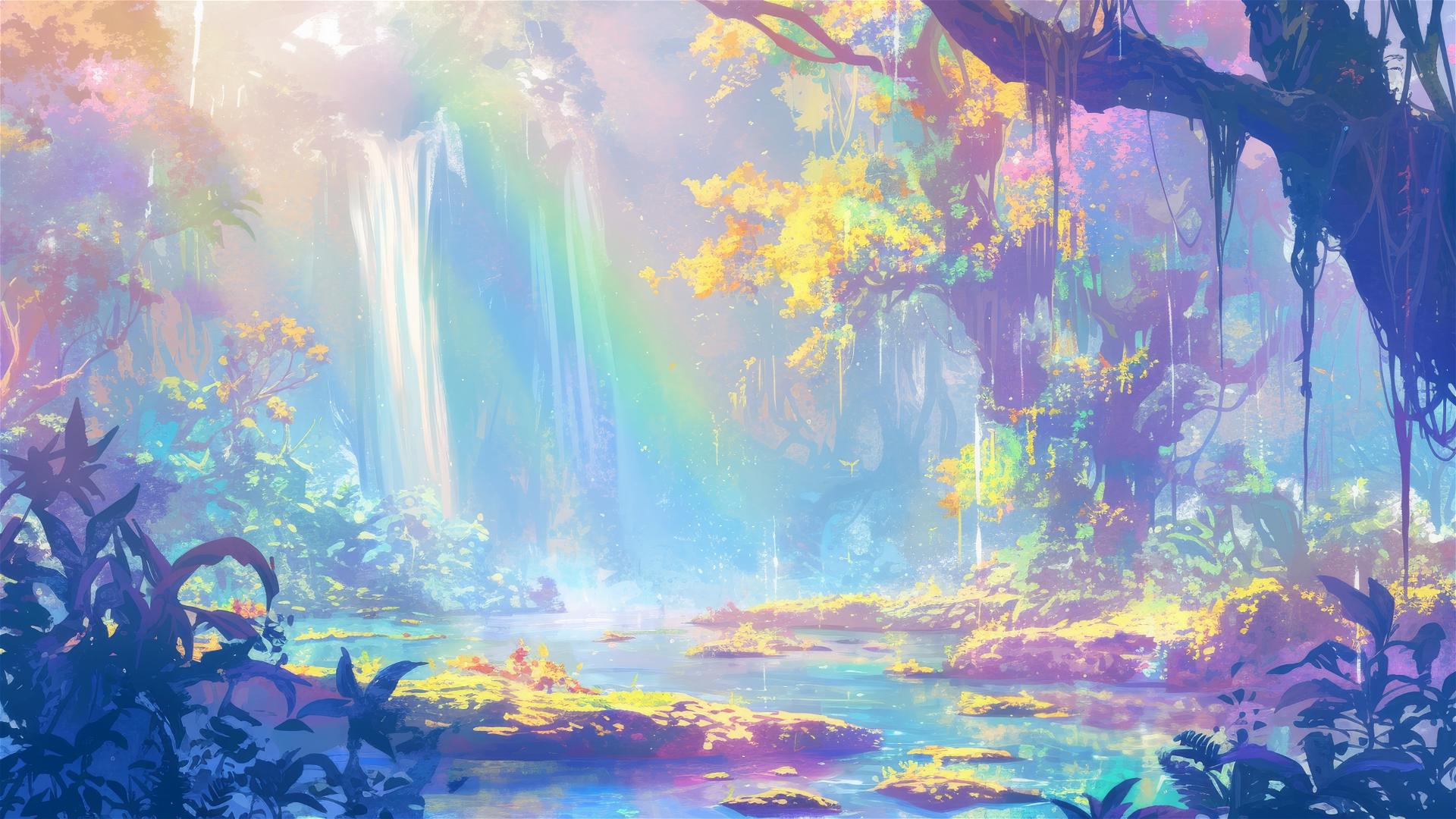 Sunlight refracting in rainforest mist, painting colors of forest life
