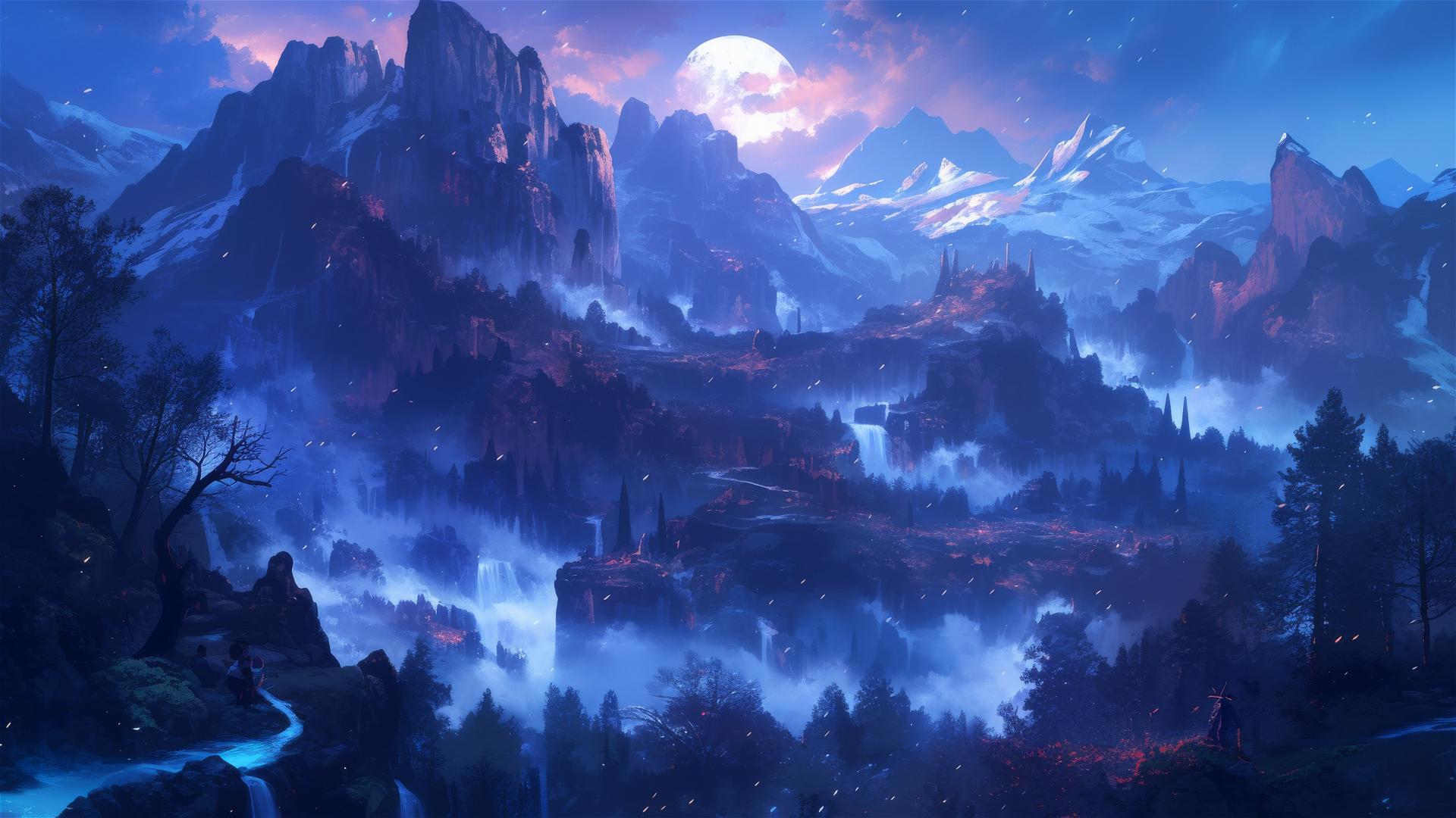 Silvery moonlit mist over a canyon with shadowy wildlife figures
