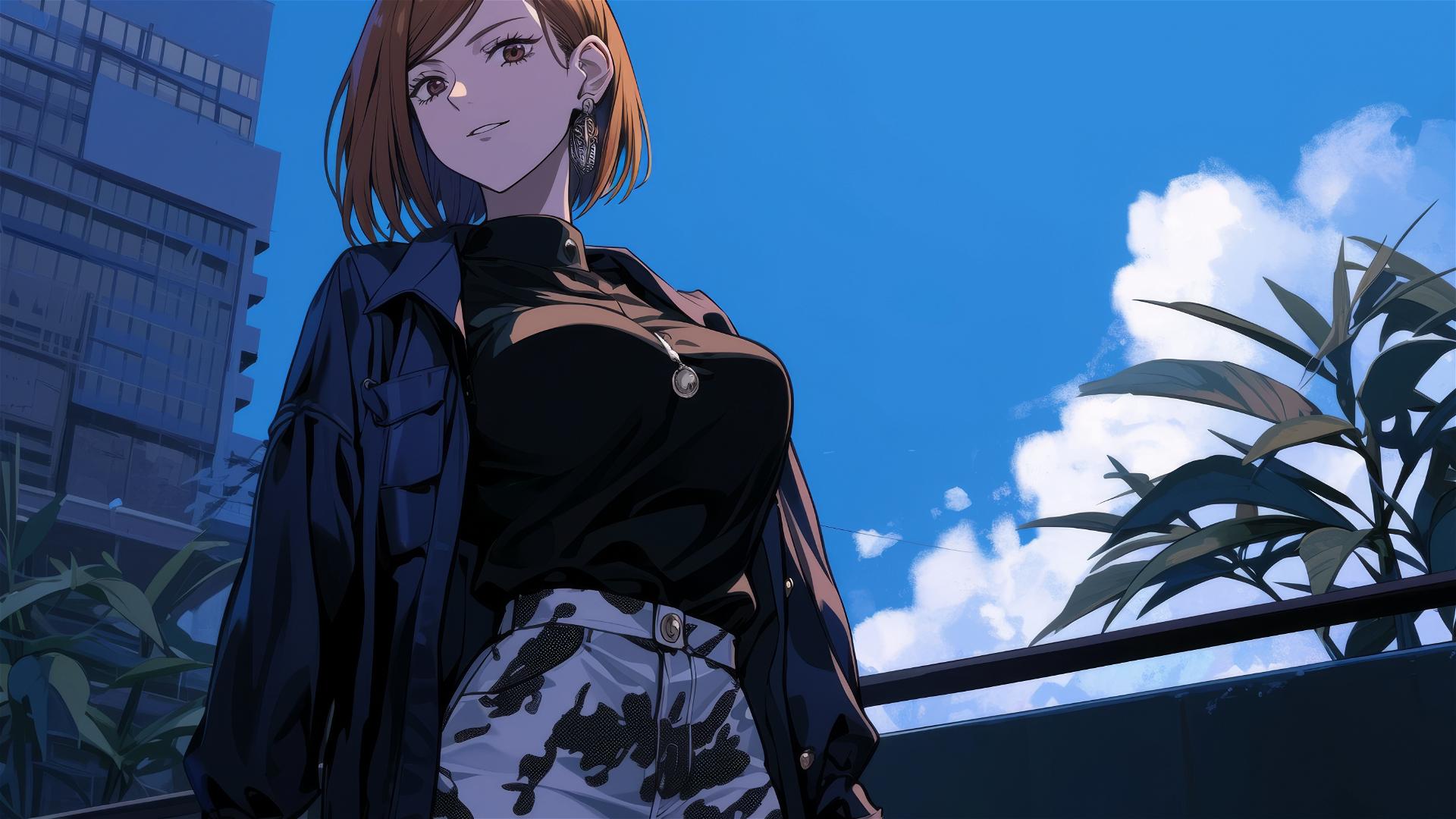 Nobara Kugisaki exploring an urban rooftop garden in a stylish outfit