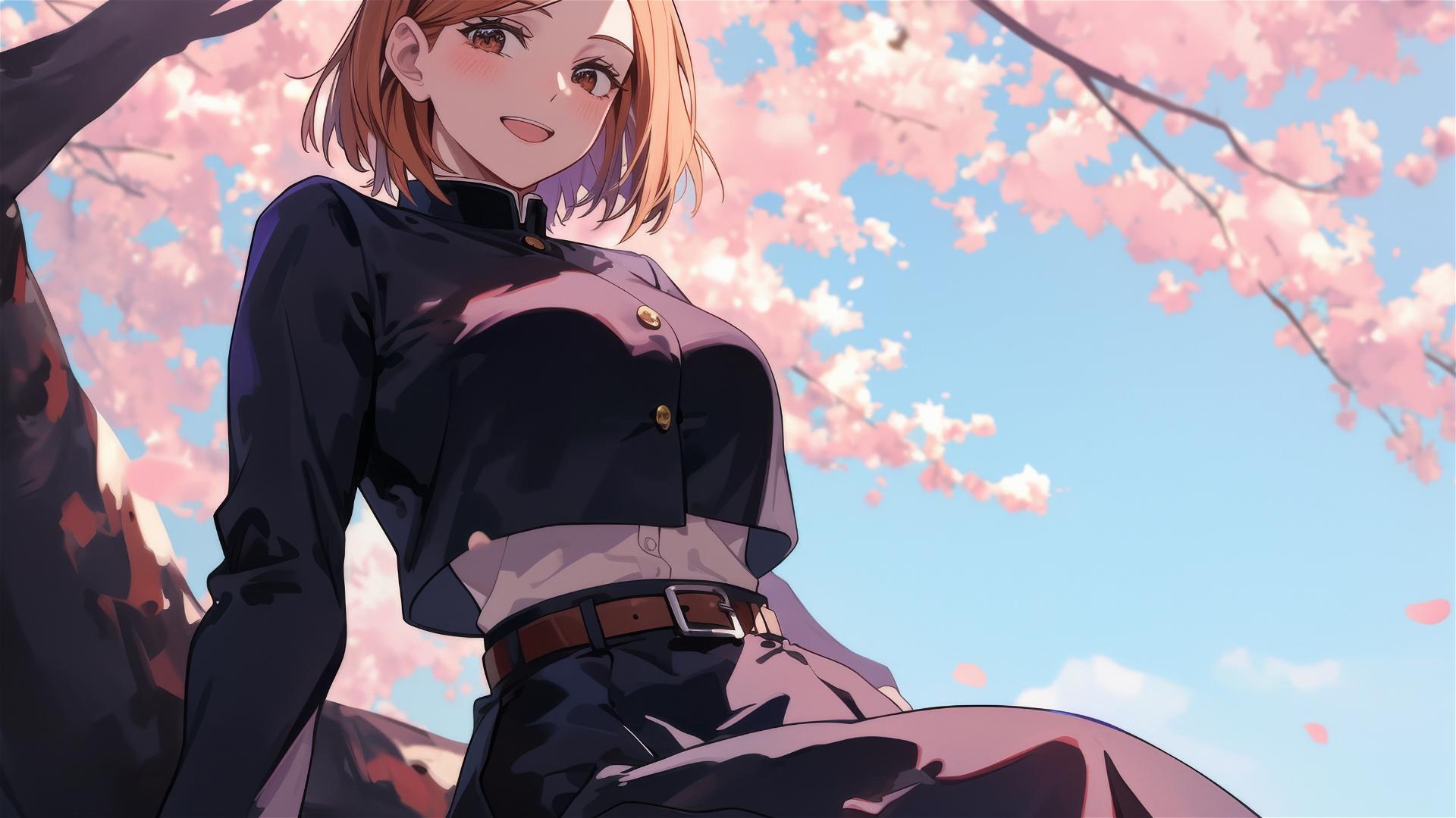 Nobara Kugisaki in sporty chic leaning on sakura tree