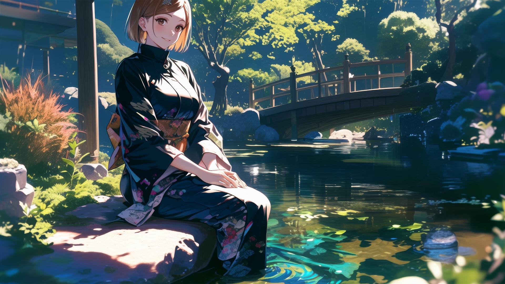 Nobara Kugisaki in chic dress at Japanese water garden