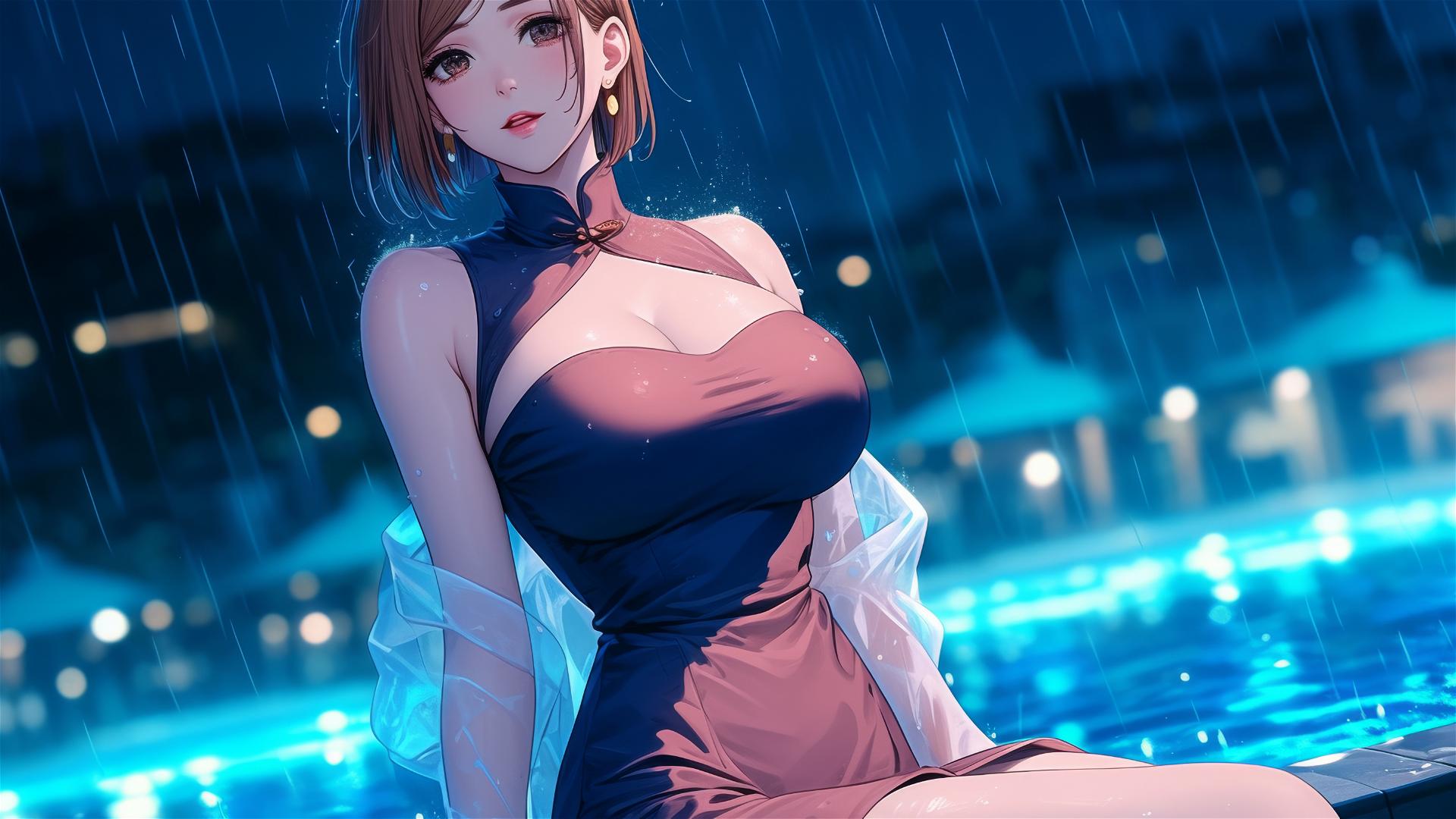 Nobara Kugisaki from Jujutsu Kaisen resting by a pool under moonlight in pink