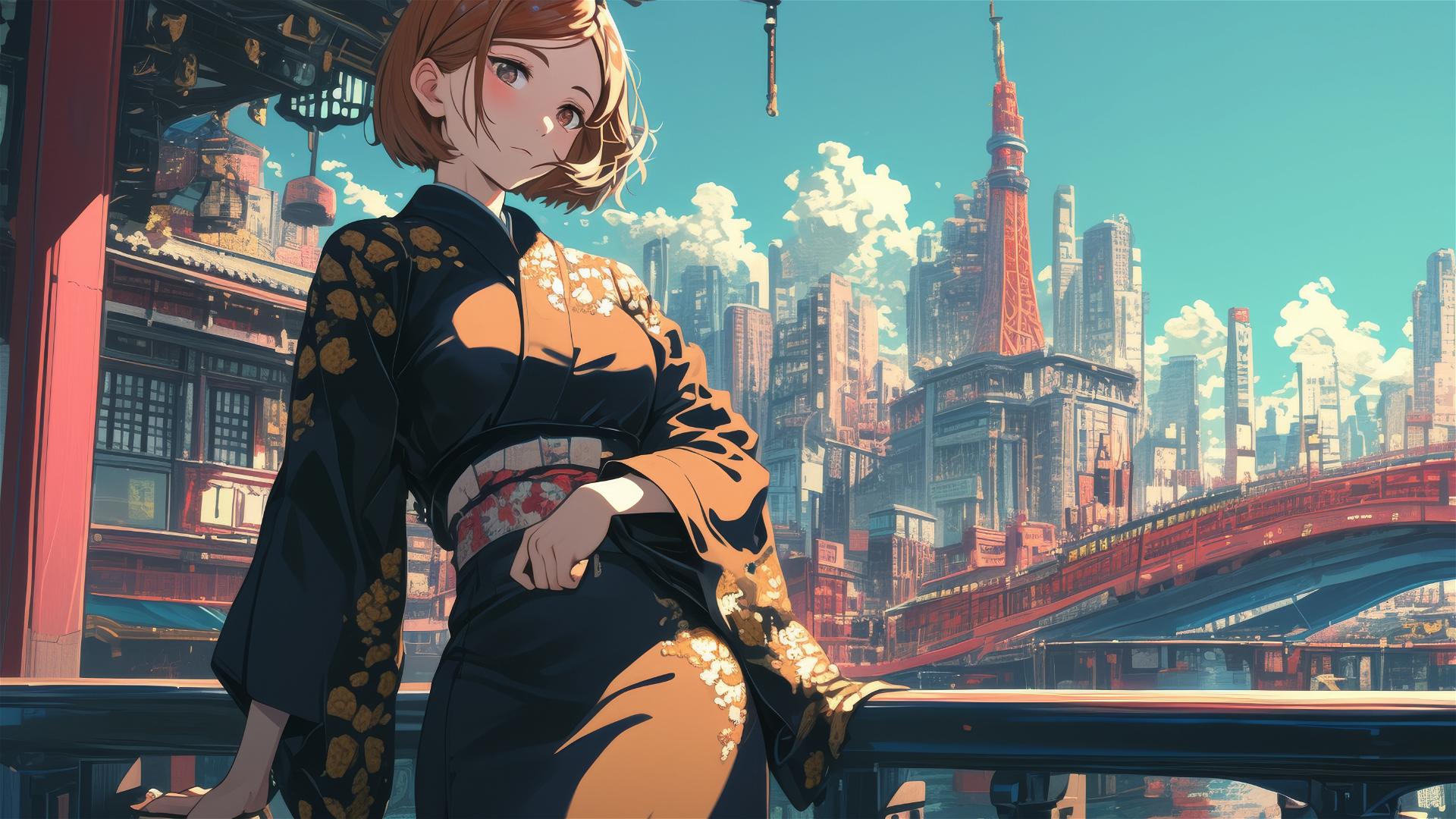 Nobara Kugisaki in bridal kimono on Nihonbashi bridge
