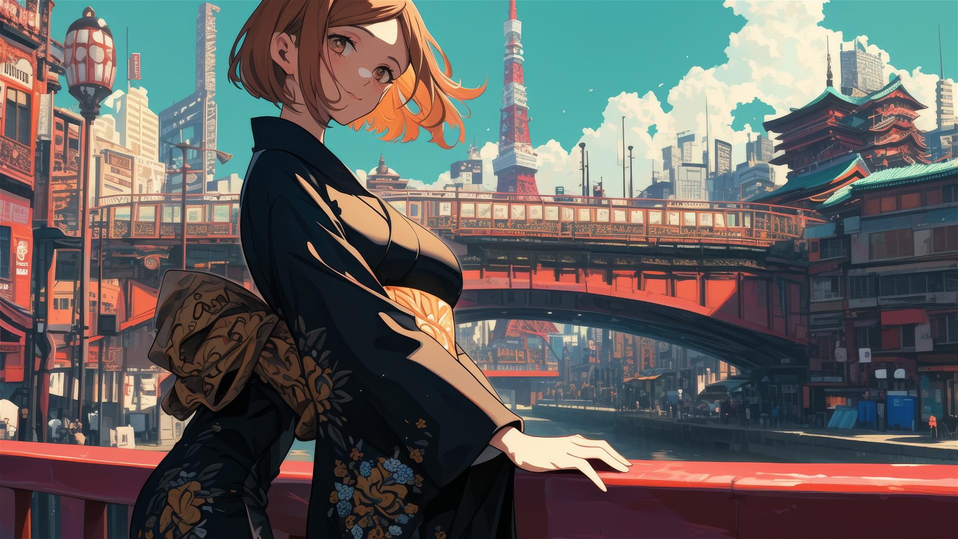 Nobara Kugisaki in high-fashion bridal kimono on Nihonbashi bridge