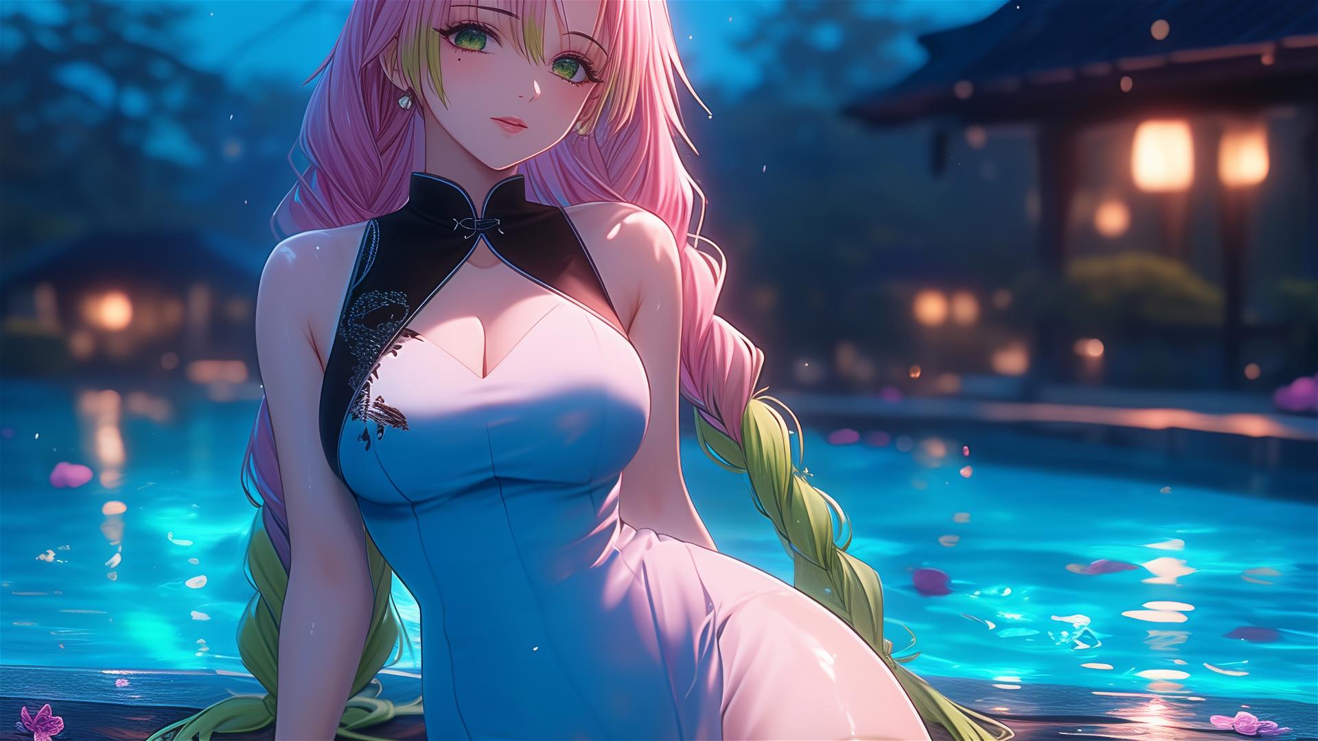 Mitsuri Kanroji resting by pool under moonlight, pink dress, green-tipped hair.