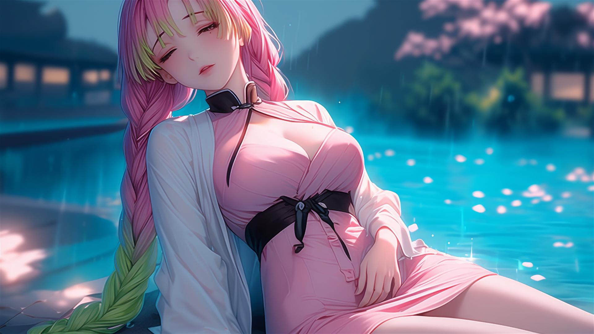Mitsuri Kanroji resting by a pool under moonlight, pink dress, lime green hair tips