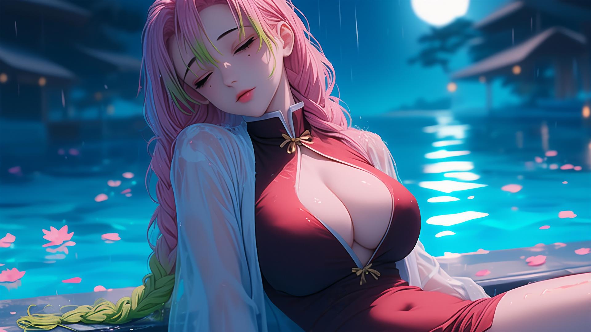 Mitsuri Kanroji resting by a pool under moonlight in a red dress, pink to green hair