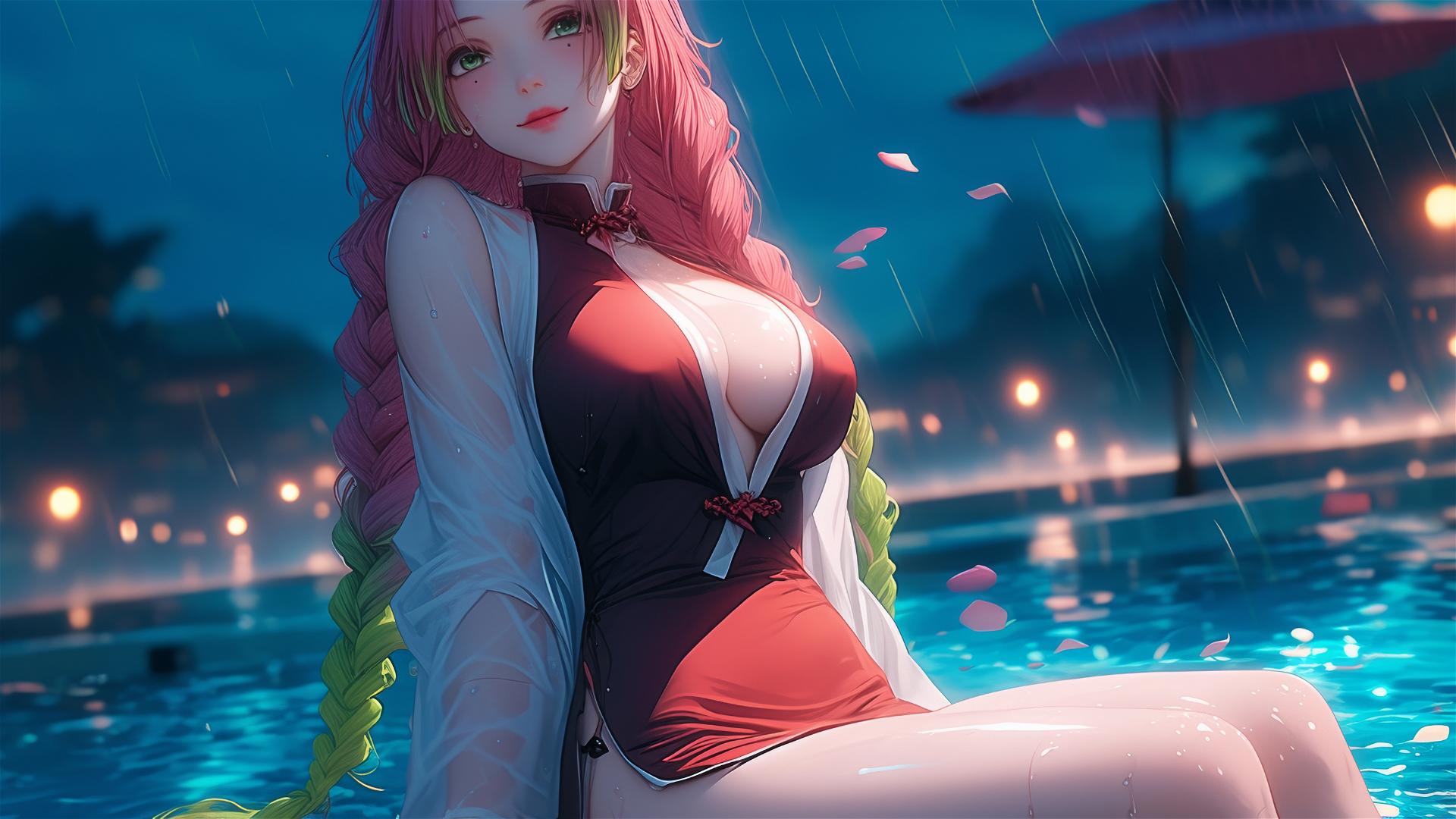 Mitsuri Kanroji resting by pool under moonlight, red dress, thigh focus, pink to green hair