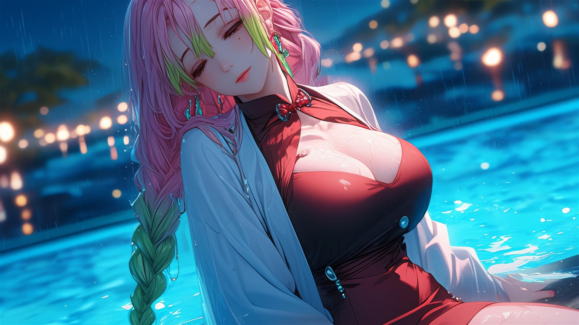 Mitsuri Kanroji from Demon Slayer resting by a pool, moonlight glow