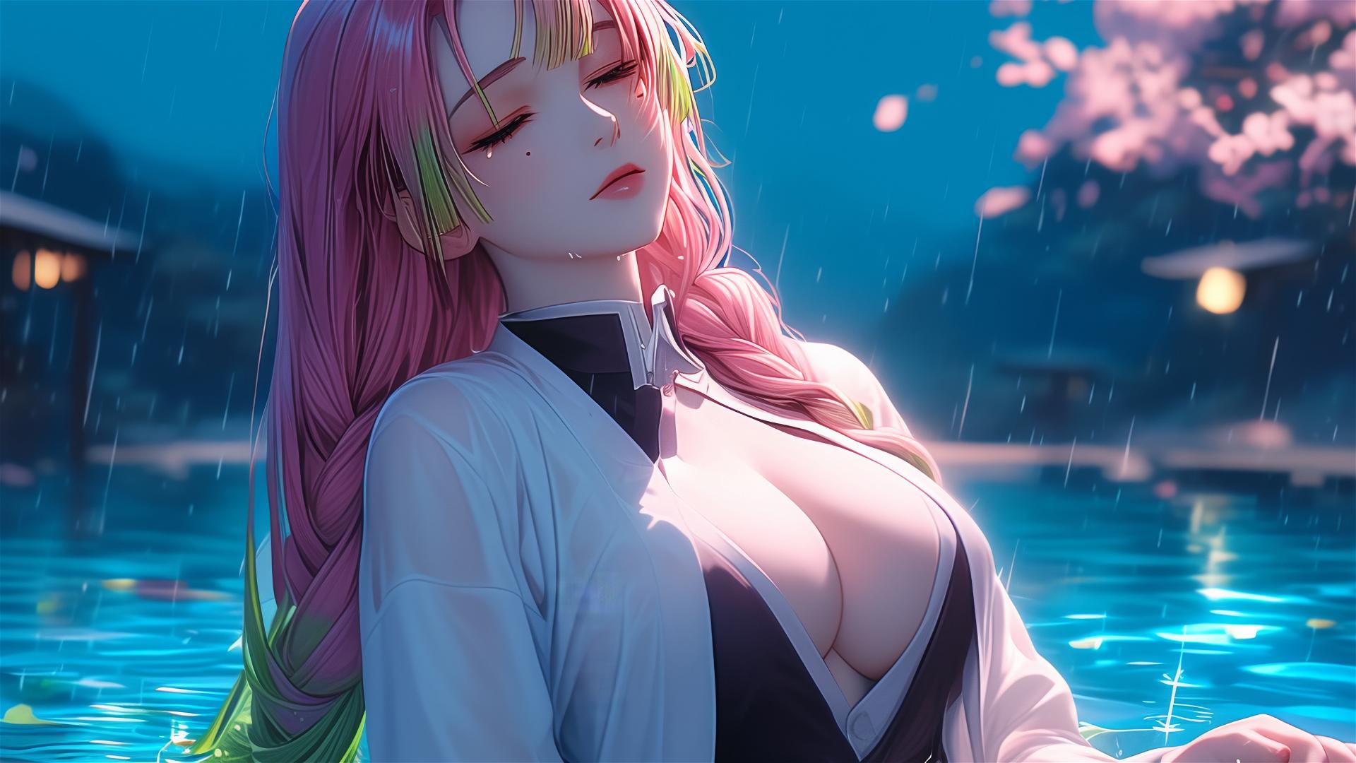 Mitsuri Kanroji from Demon Slayer by a rainy pool under moonlight in pink