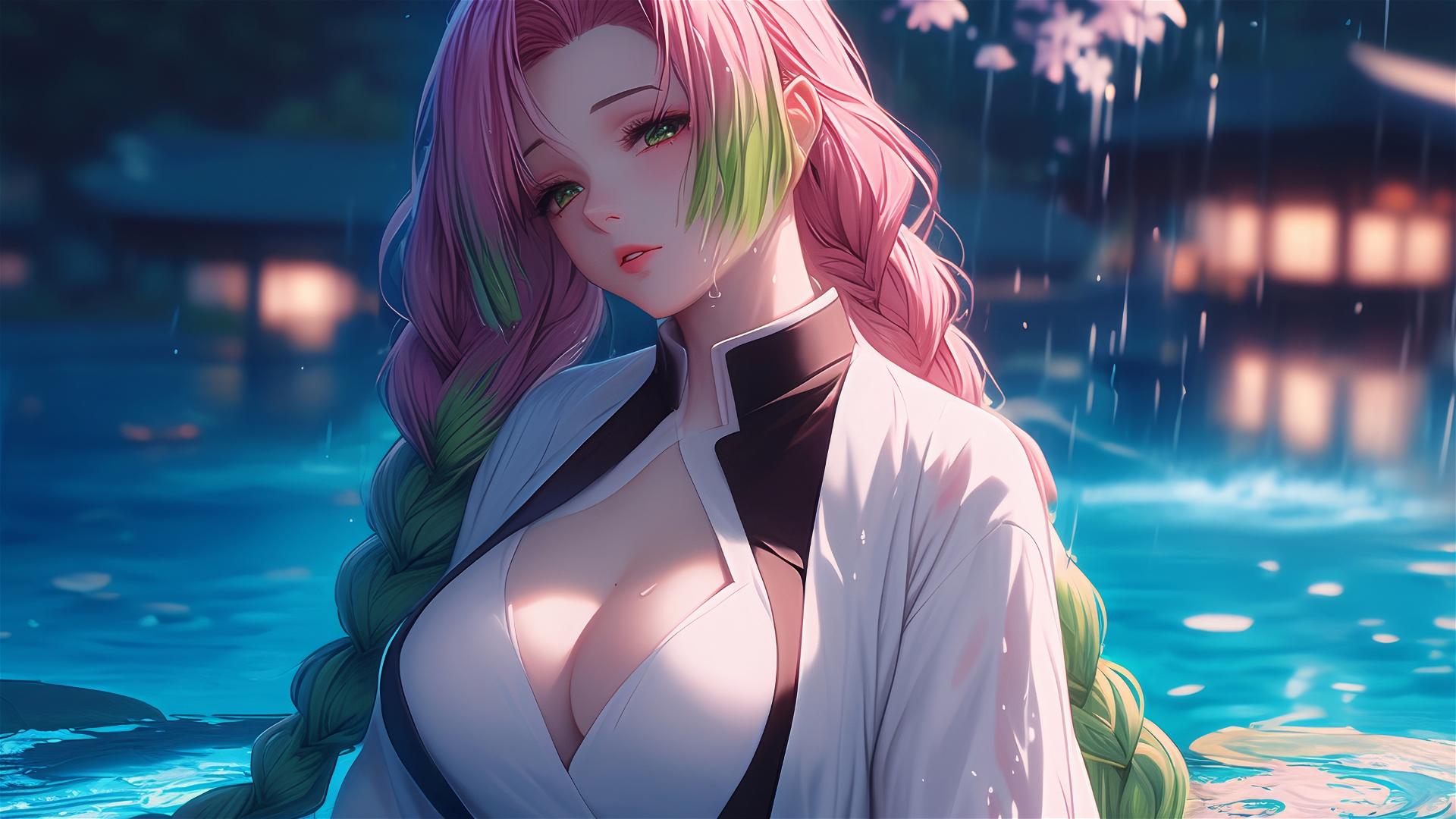 Mitsuri Kanroji from Demon Slayer resting by a pool under moonlight, pink and green hair