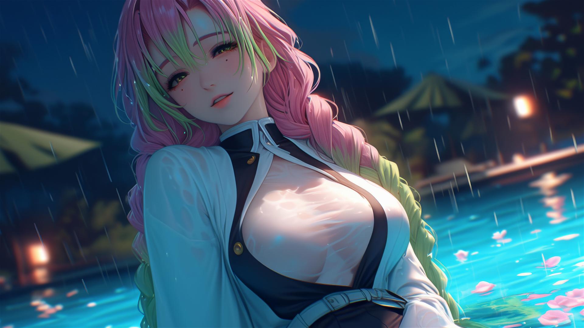 Mitsuri Kanroji resting by a pool under moonlight with pink and green hair