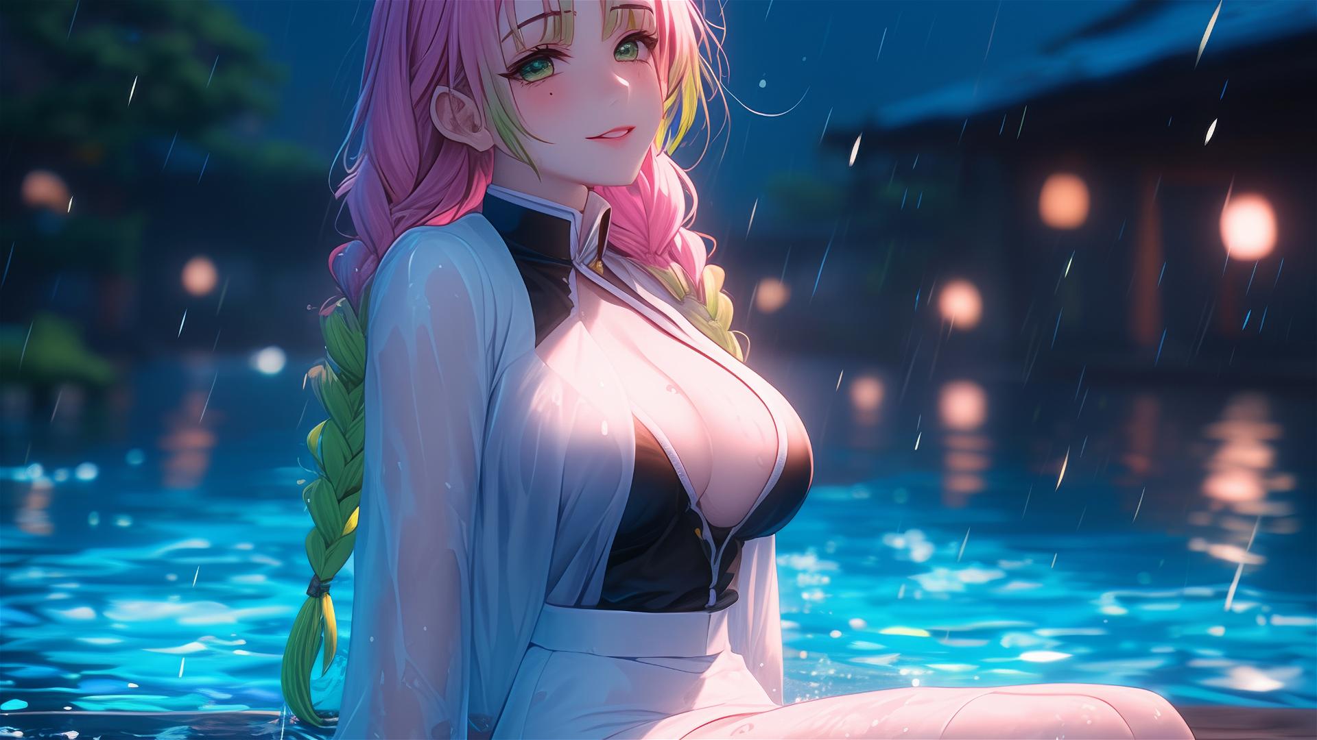 Mitsuri Kanroji from Demon Slayer resting by a moonlit pool in white attire with light pink to lime green hair