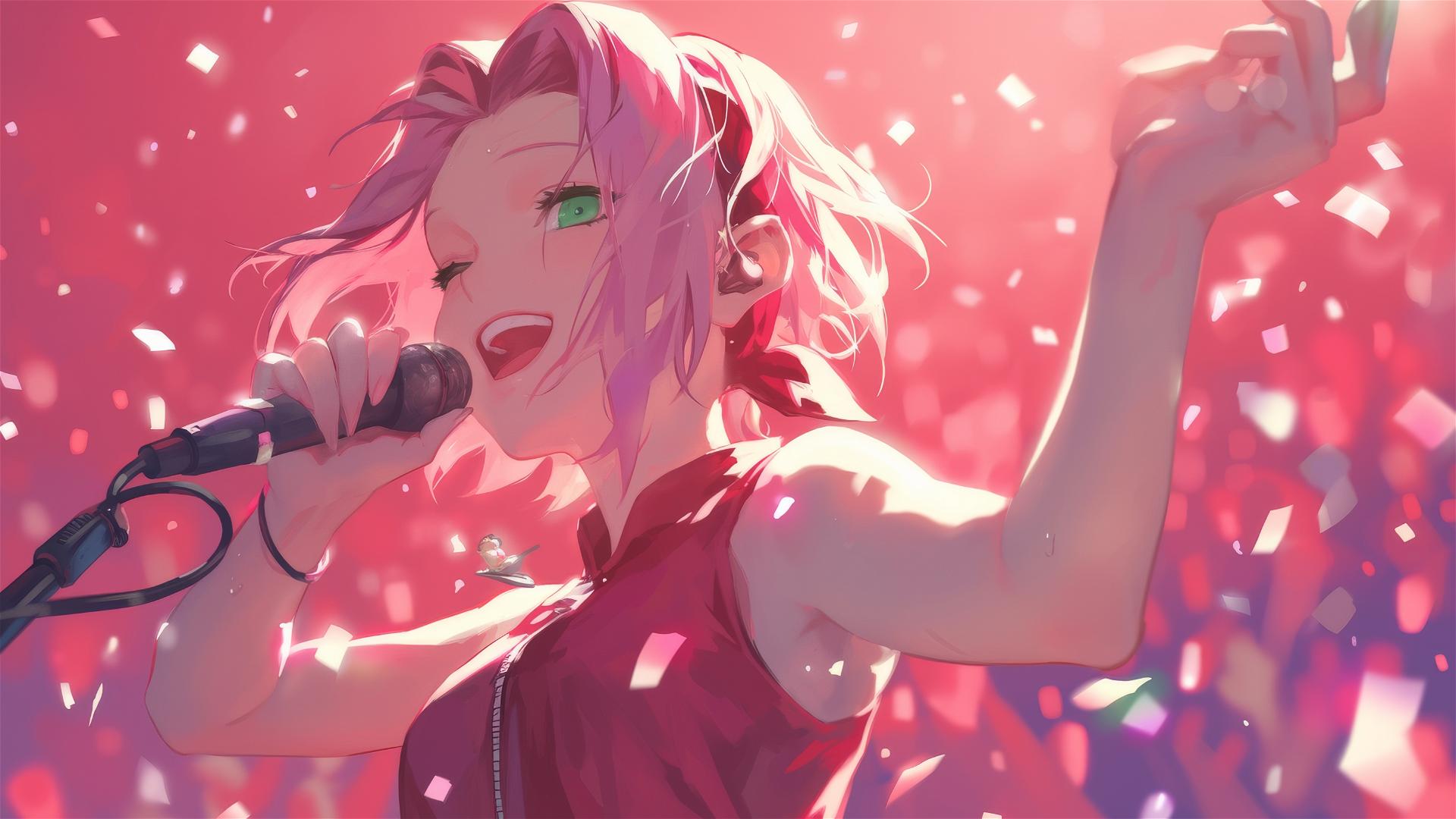 Sakura Haruno from Naruto in pop idol attire on stage with bright lights