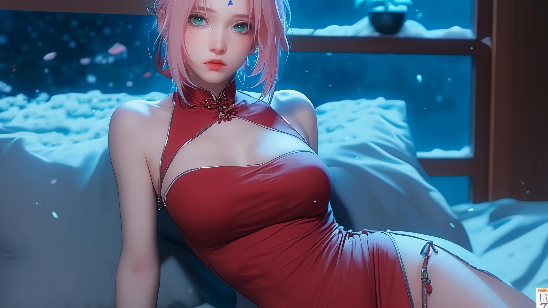 Sakura Haruno resting in an apartment under moonlight